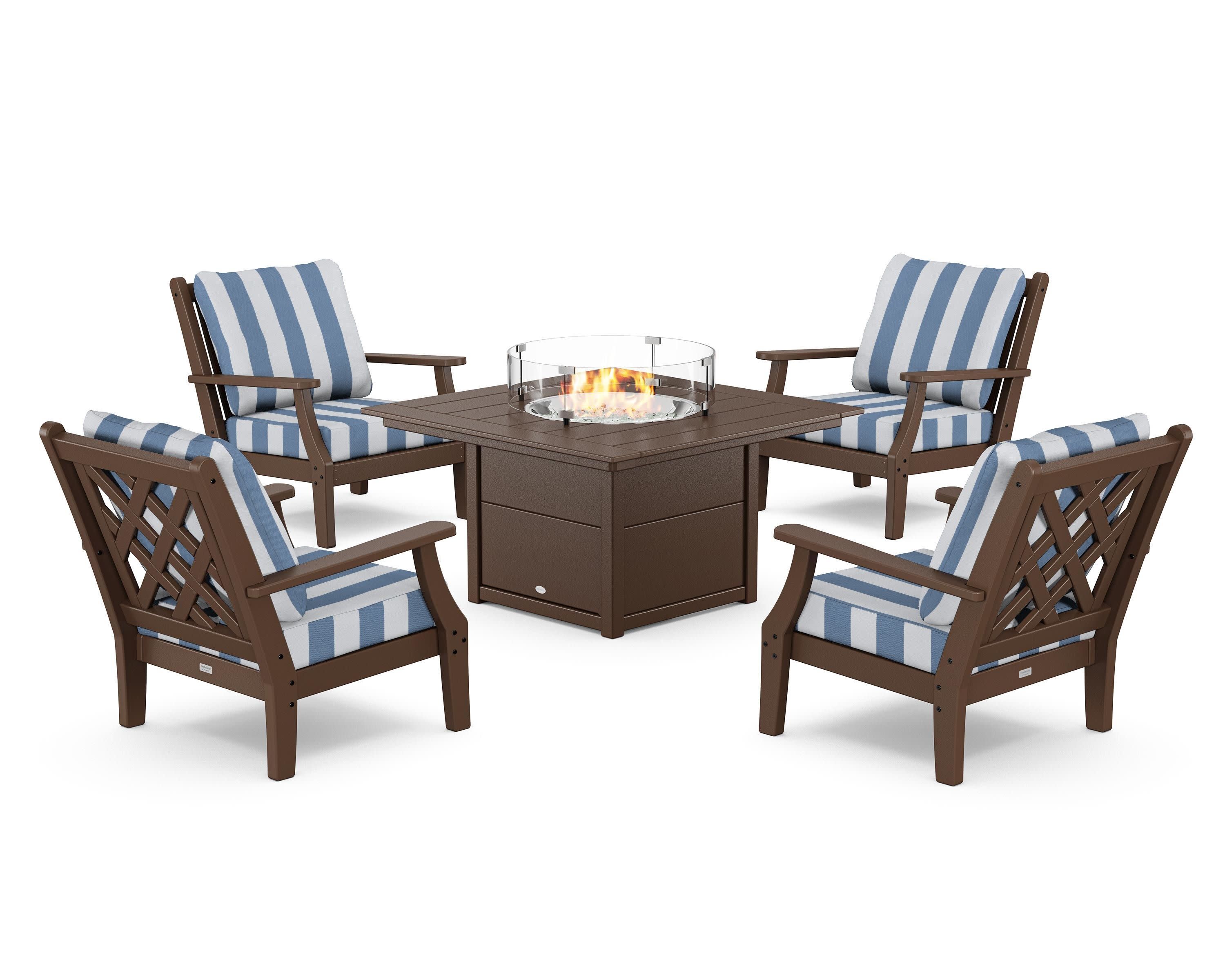 Wovendale 5-Piece Deep Seating Set with Fire Pit Table in Mahogany / Cabana Stripe Sky Blue