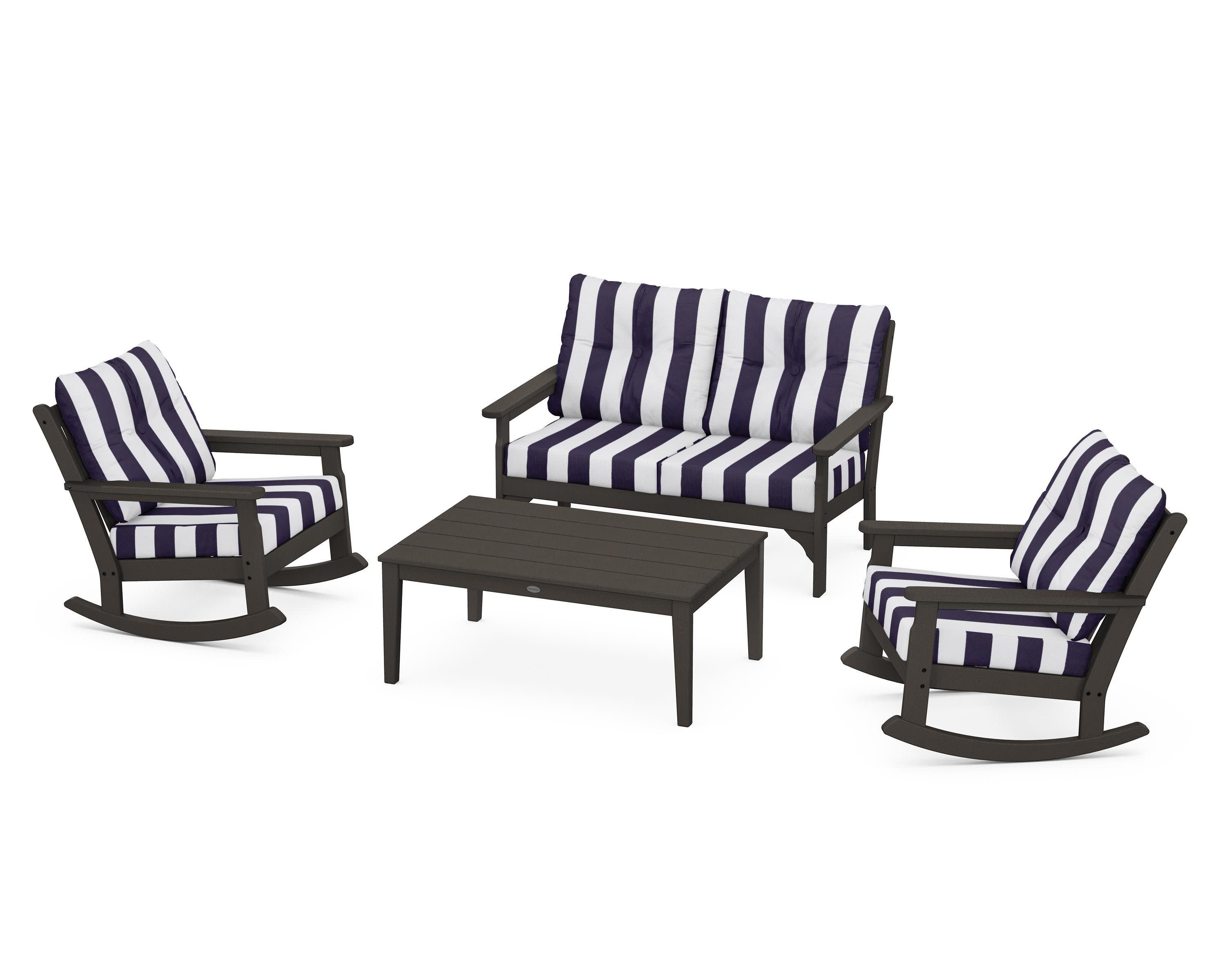 Vineyard 4-Piece Deep Seating Rocking Chair Set in Vintage Coffee / Cabana Stripe Navy