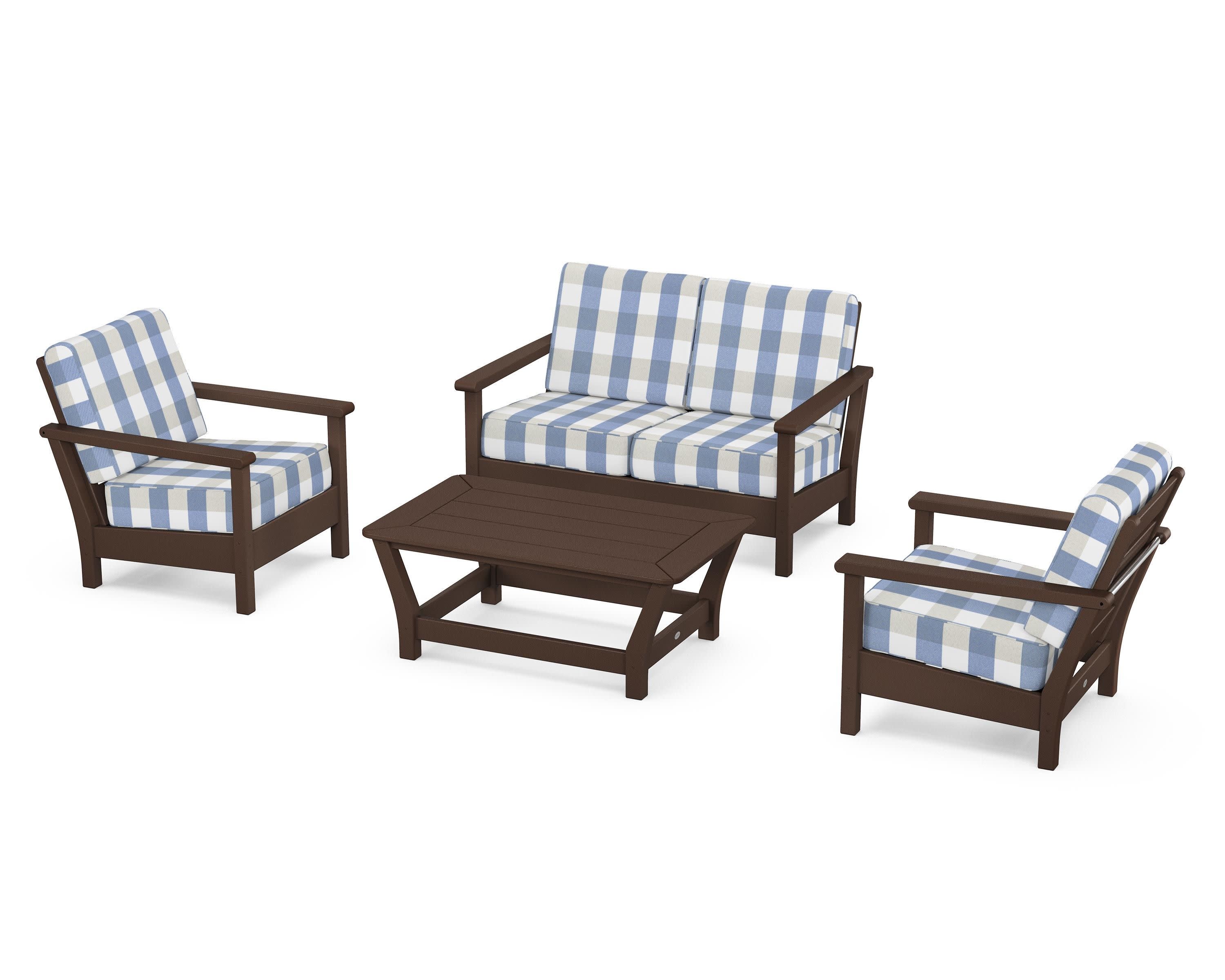 Harbour 4-Piece Deep Seating Set in Mahogany / Buffalo Plaid Sky Blue