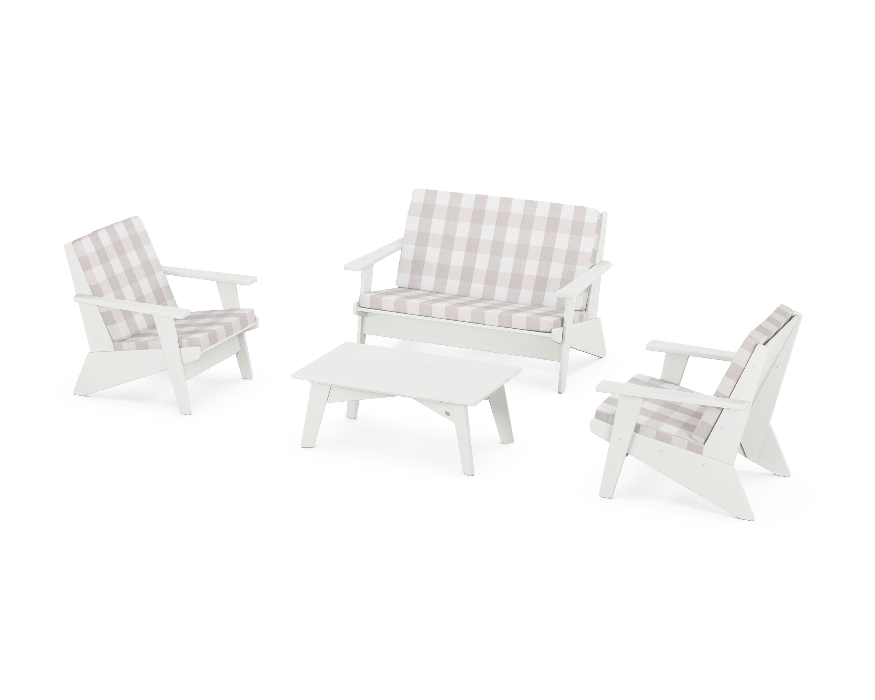 Riviera Modern Lounge 4-Piece Set in Vintage White / Buffalo Plaid Dune Burlap