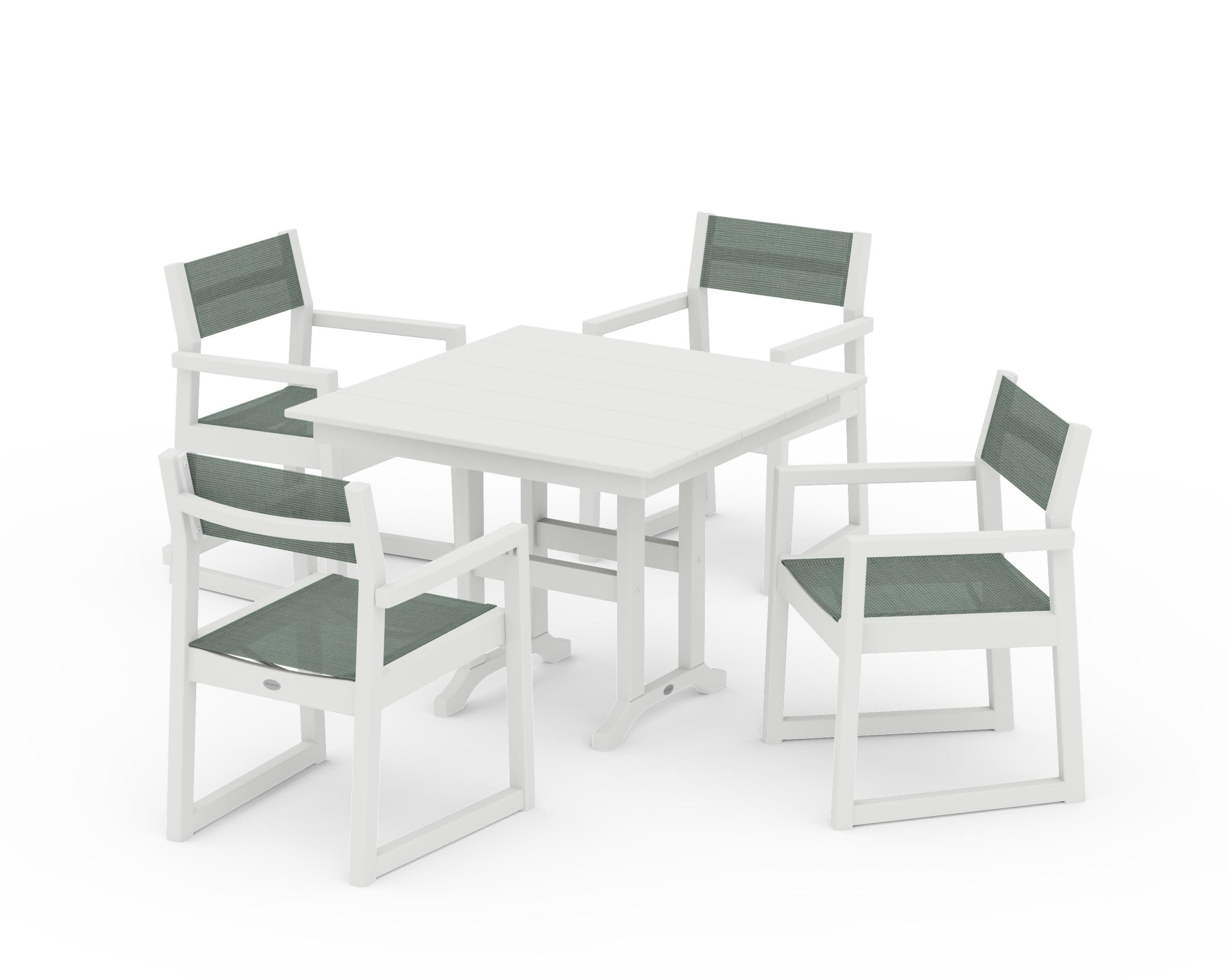 EDGE Sling Arm Chair 5-Piece Farmhouse Dining Set in Vintage White / Dupioni Sea Mist Sling