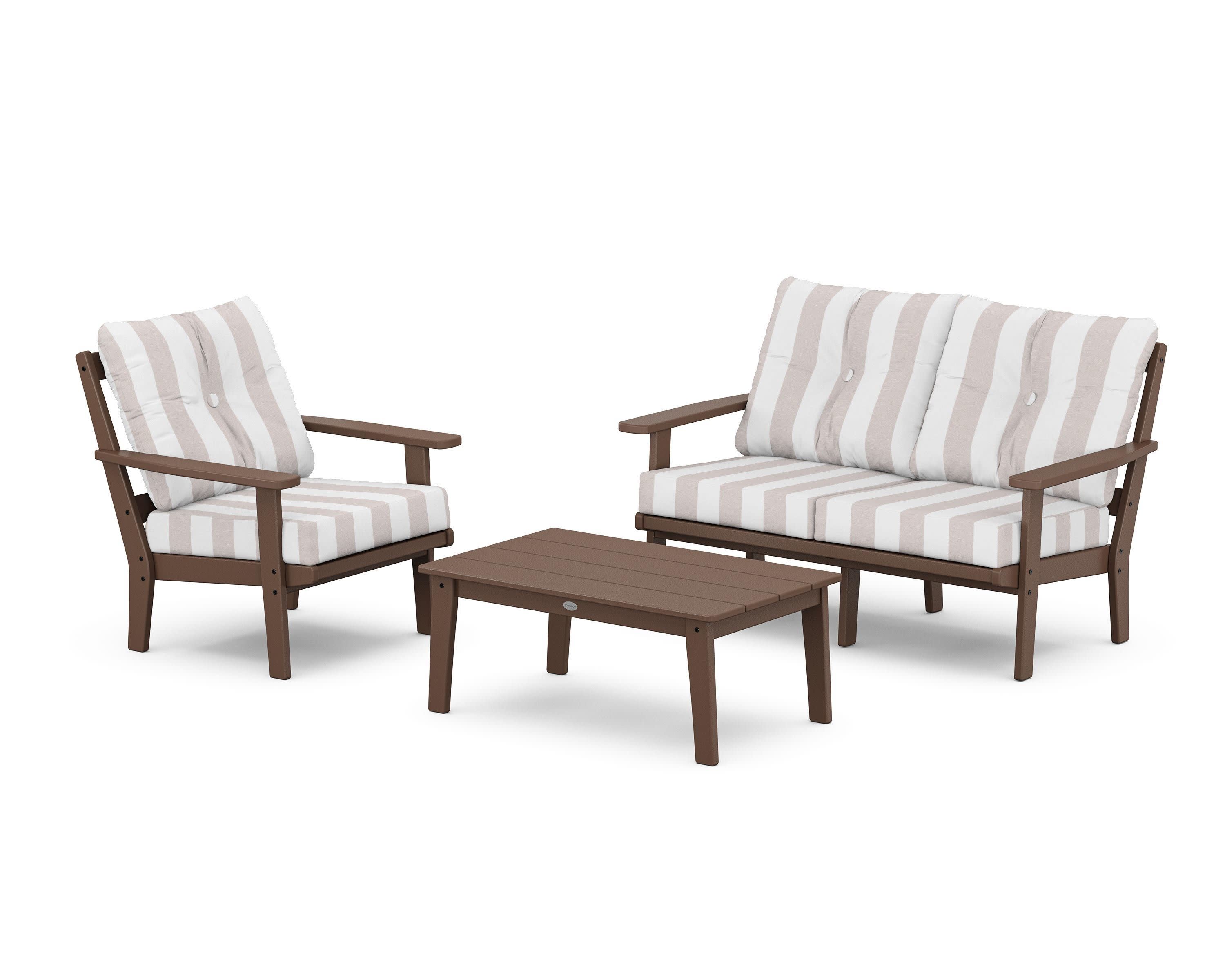 Oxford 3-Piece Deep Seating Set with Loveseat in Mahogany / Cabana Stripe Dune Burlap