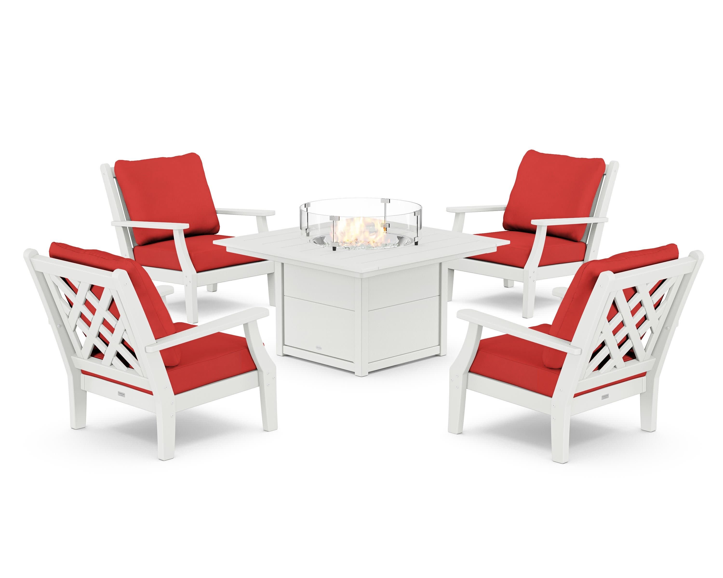 Wovendale 5-Piece Deep Seating Set with Fire Pit Table in White / Crimson Linen
