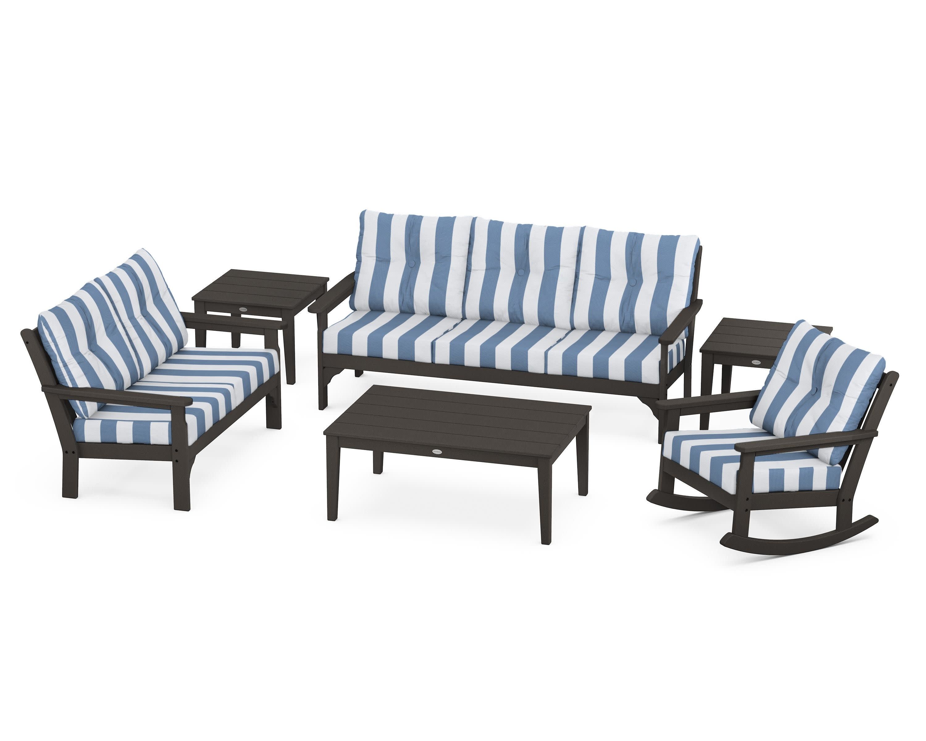Vineyard 6-Piece Deep Seating Set in Vintage Coffee / Cabana Stripe Sky Blue