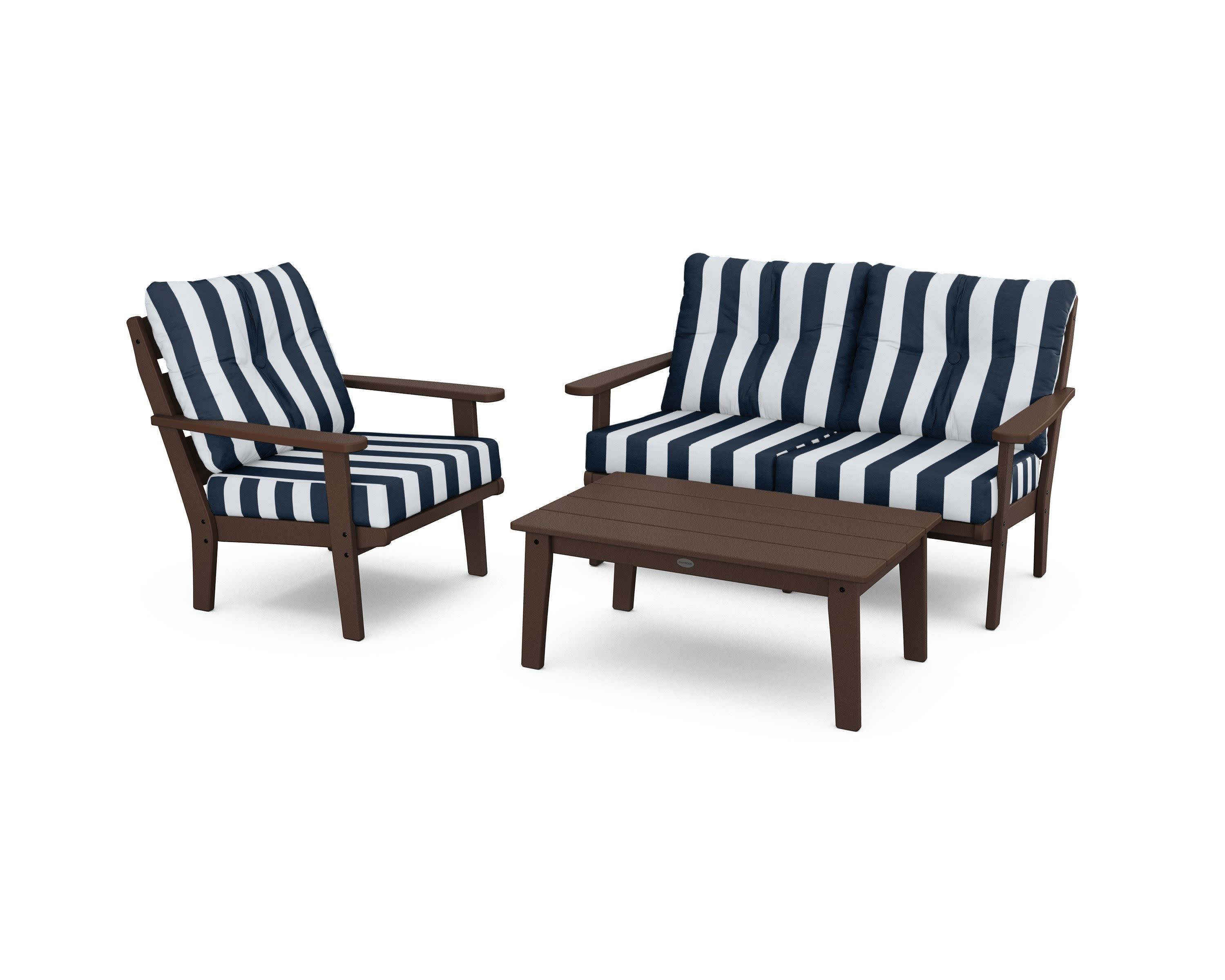 Lakeside 3-Piece Deep Seating Set in Mahogany / Cabana Stripe Marine Indigo