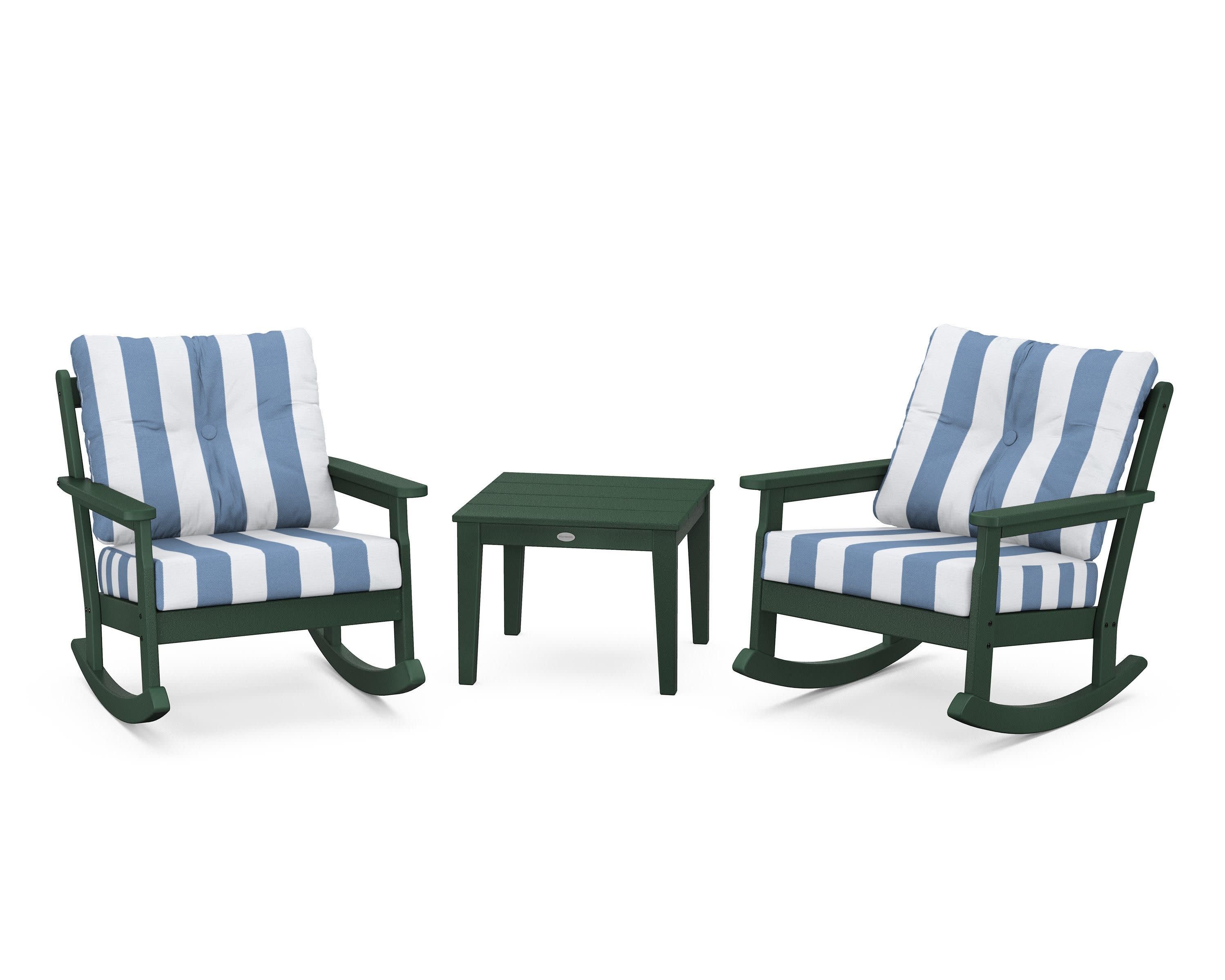 Vineyard 3-Piece Deep Seating Rocker Set in Green / Cabana Stripe Sky Blue