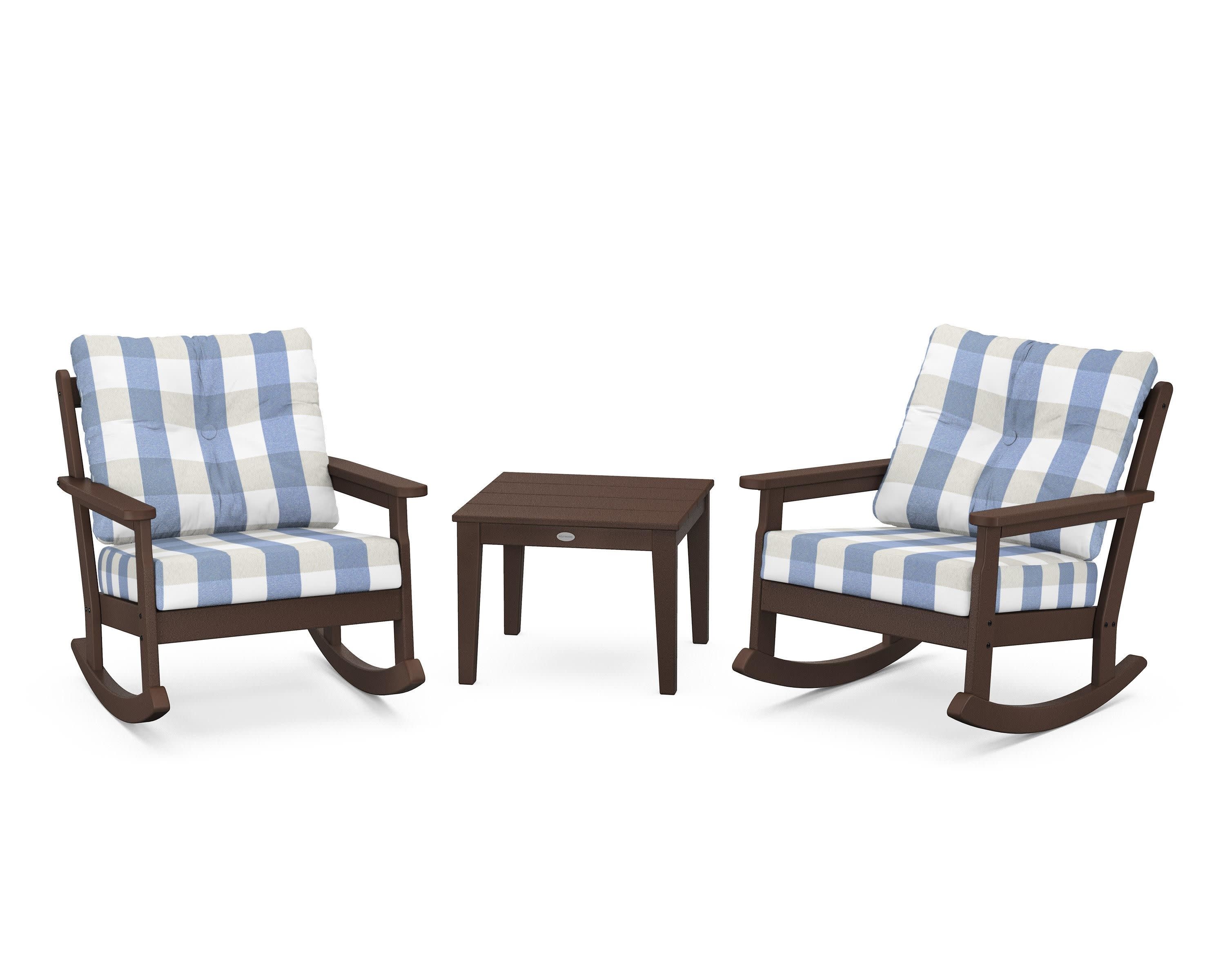 Vineyard 3-Piece Deep Seating Rocker Set in Mahogany / Buffalo Plaid Sky Blue