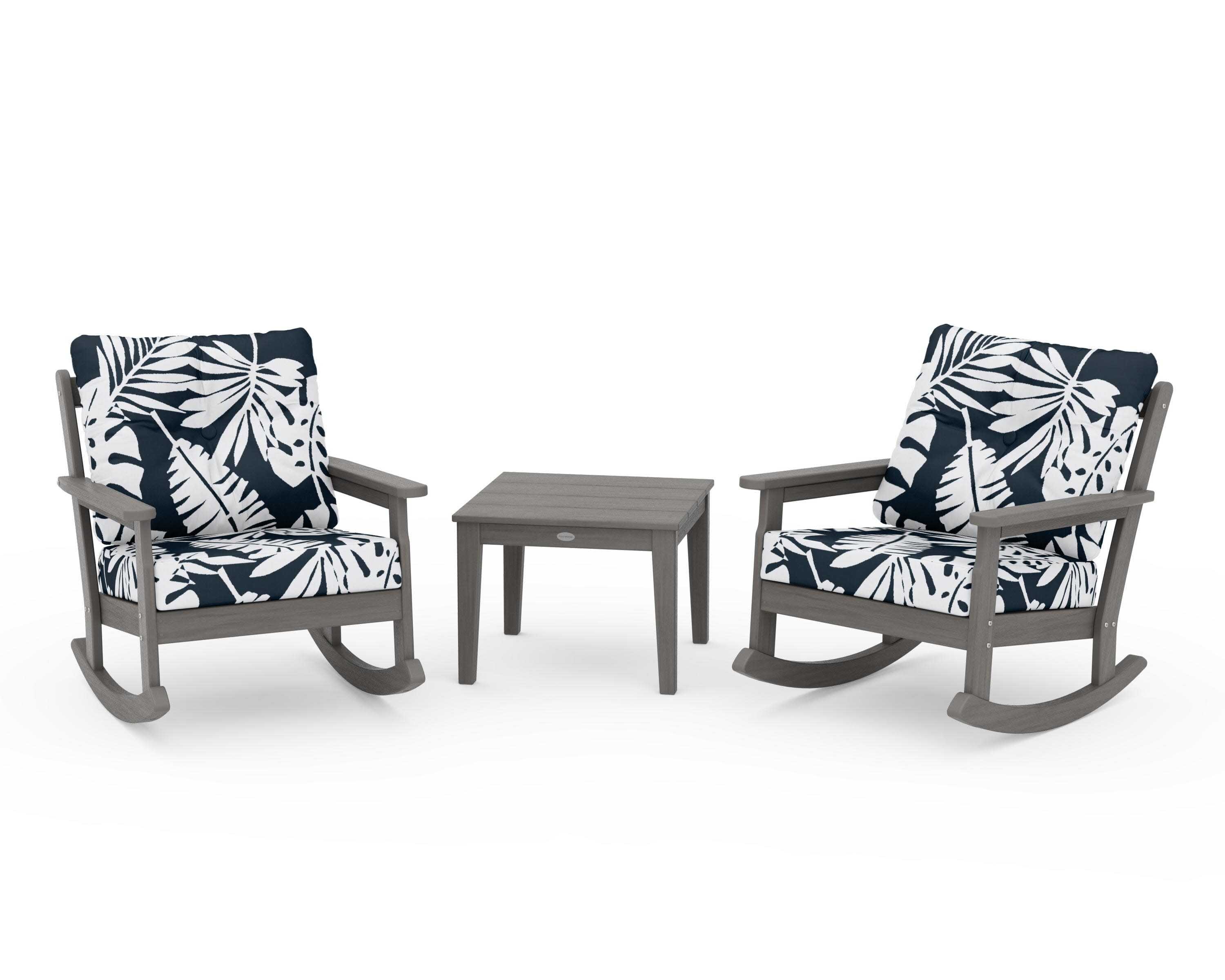 Vineyard 3-Piece Deep Seating Rocker Set in Driftwood / Leaf Marine Indigo