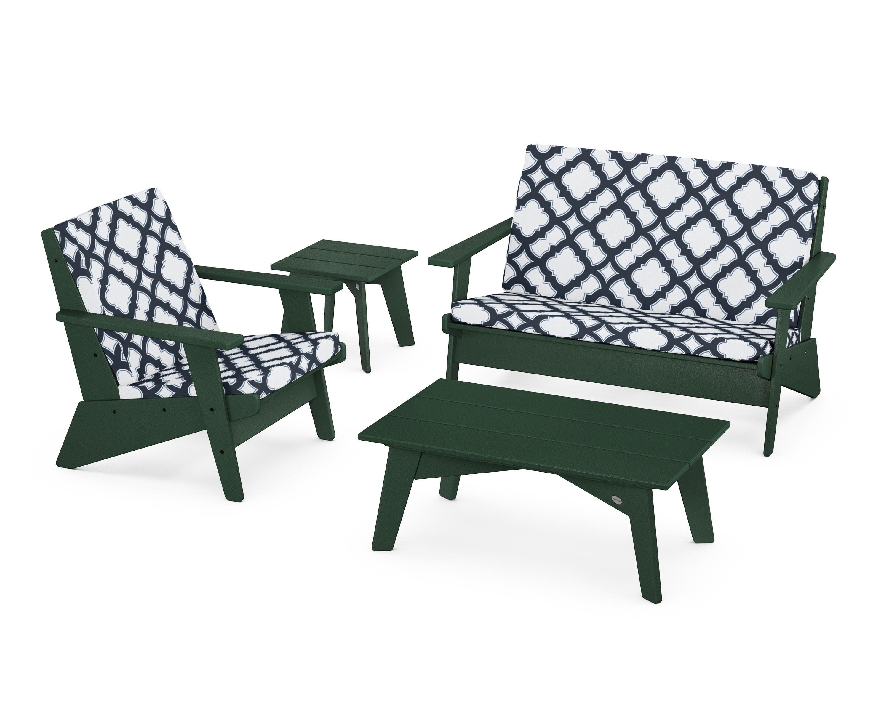 Riviera Modern Lounge 4-Piece Set in Green / Trellis Marine Indigo