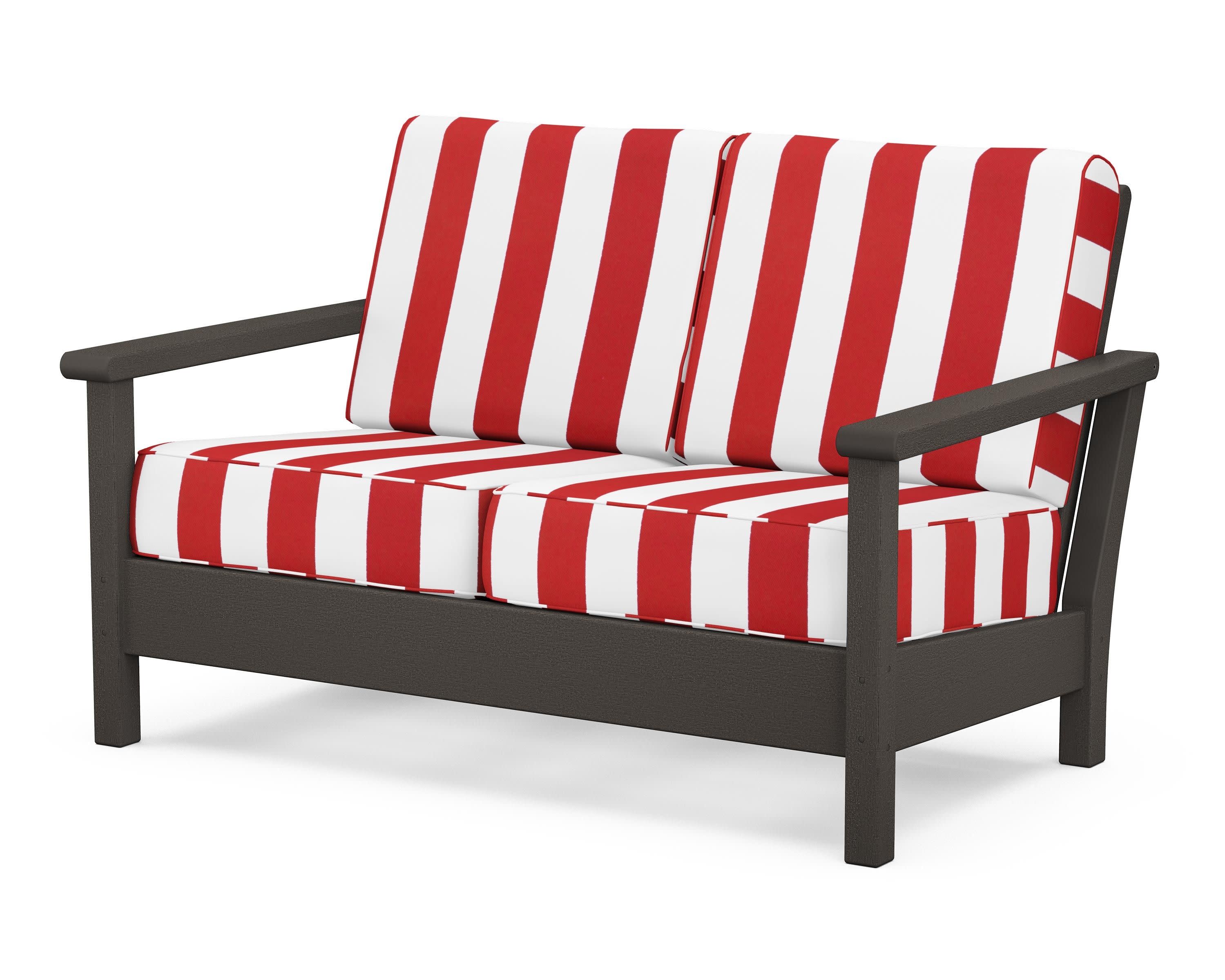 Harbour Deep Seating Loveseat in Vintage Coffee / Cabana Stripe Crimson