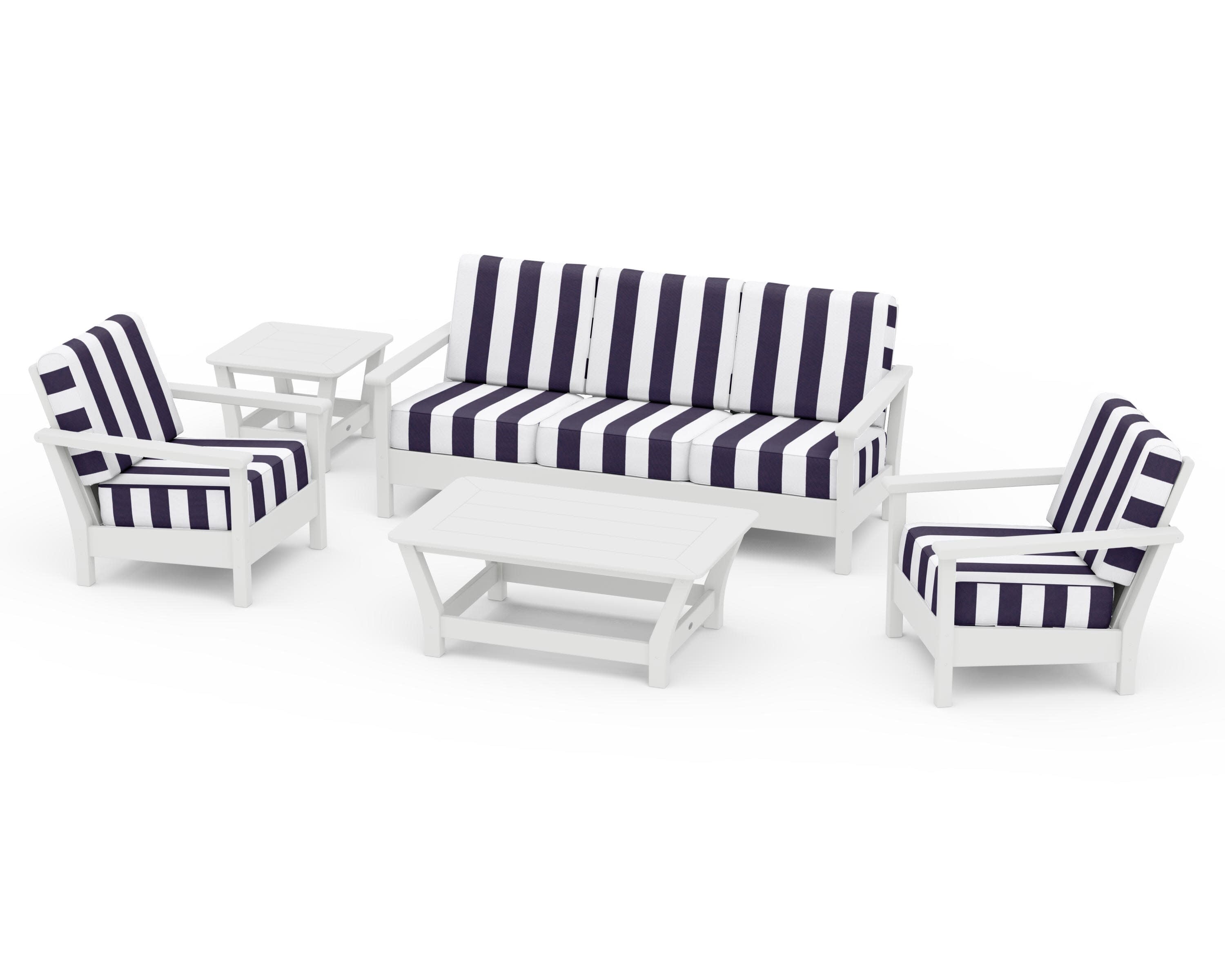 Harbour 5-Piece Deep Seating Set in White / Cabana Stripe Navy