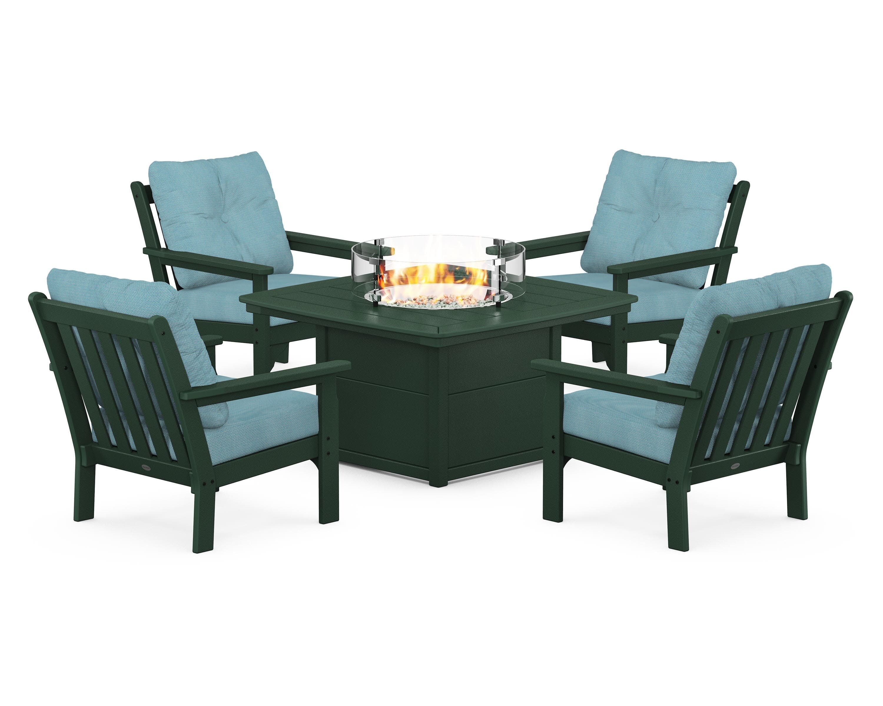 Vineyard 5-Piece Conversation Set with Fire Pit Table in Green / Lattice Sky Blue