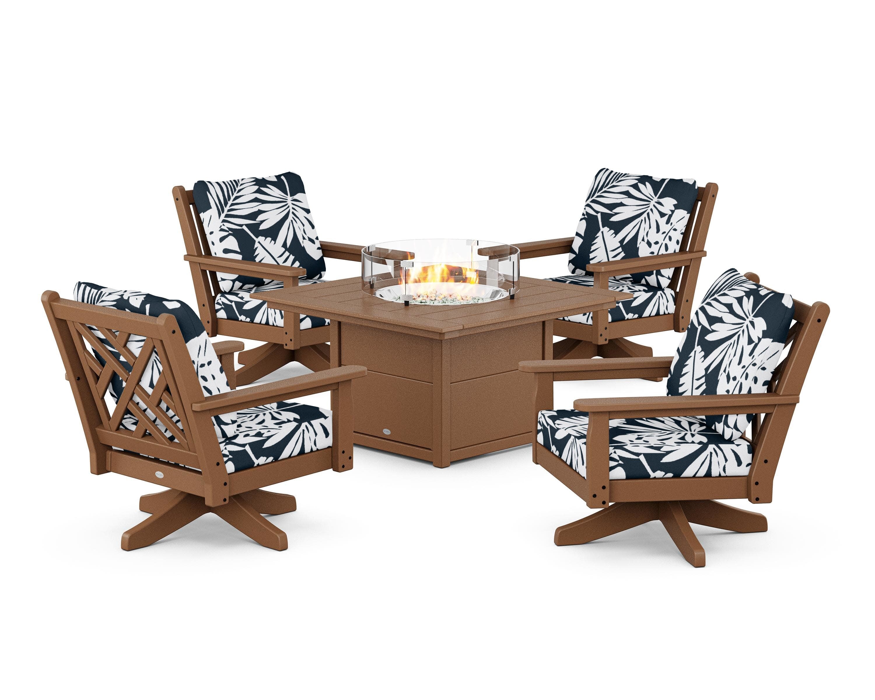 Chippendale 5-Piece Deep Seating Swivel Conversation Set with Fire Pit Table in Teak / Leaf Marine Indigo