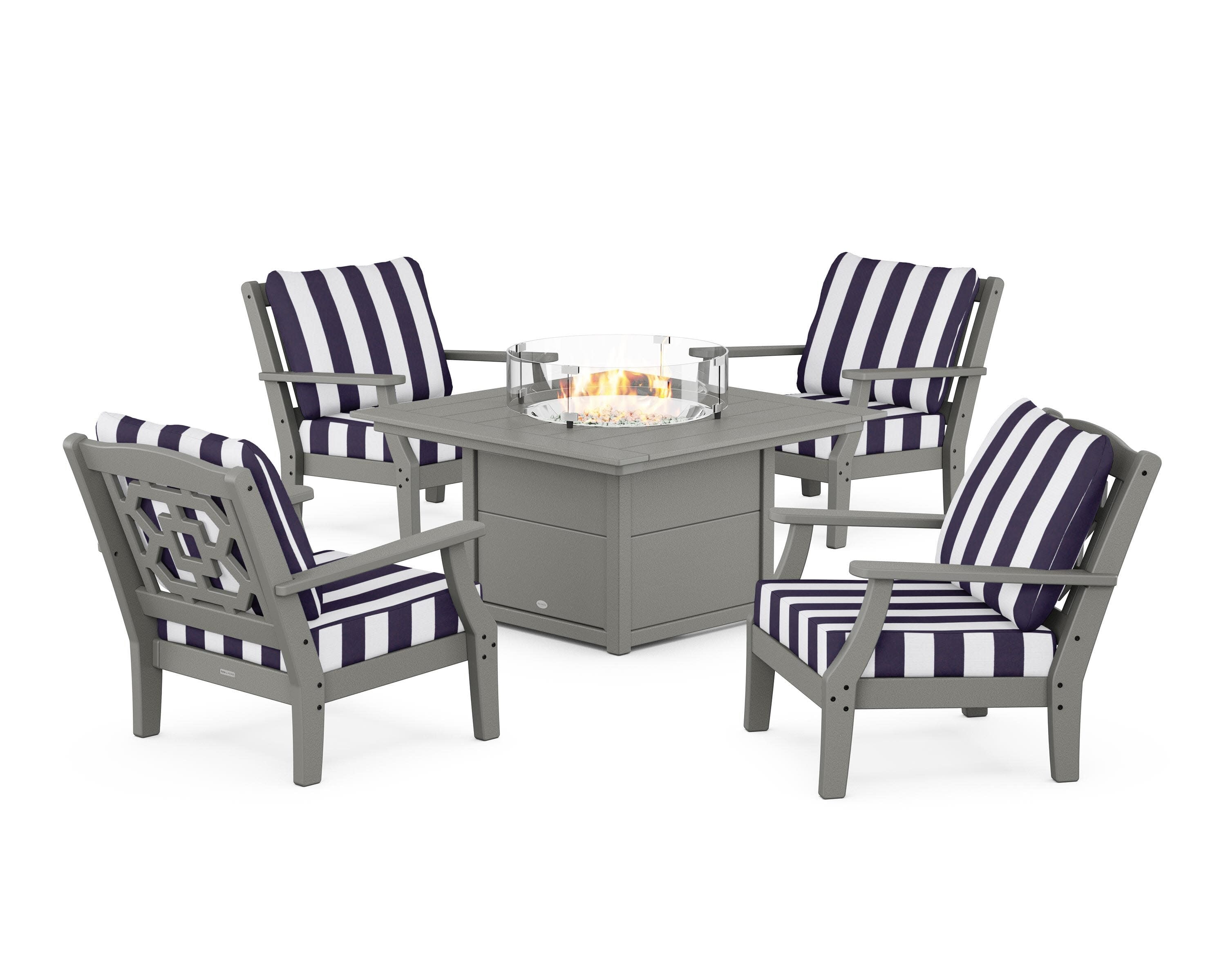 Chinoiserie 5-Piece Deep Seating Set with Fire Pit Table in Slate Grey / Cabana Stripe Navy