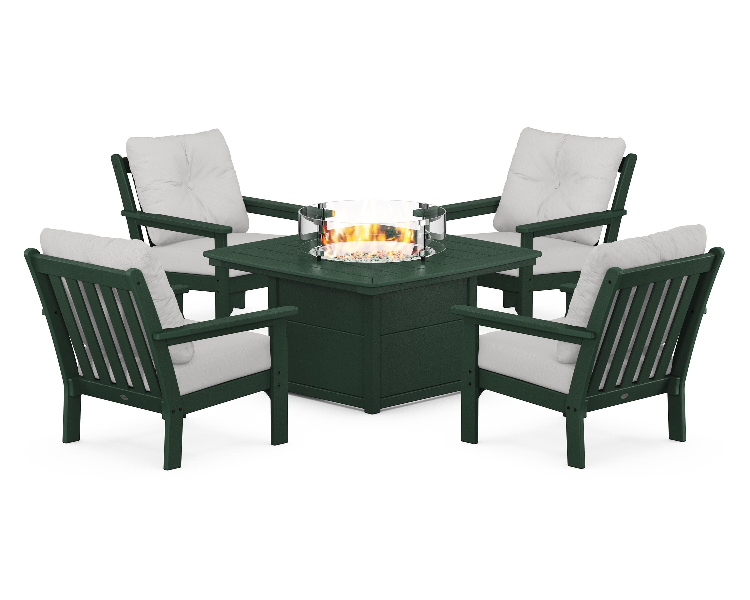 Vineyard 5-Piece Conversation Set with Fire Pit Table in Green / Diamond in the Rough