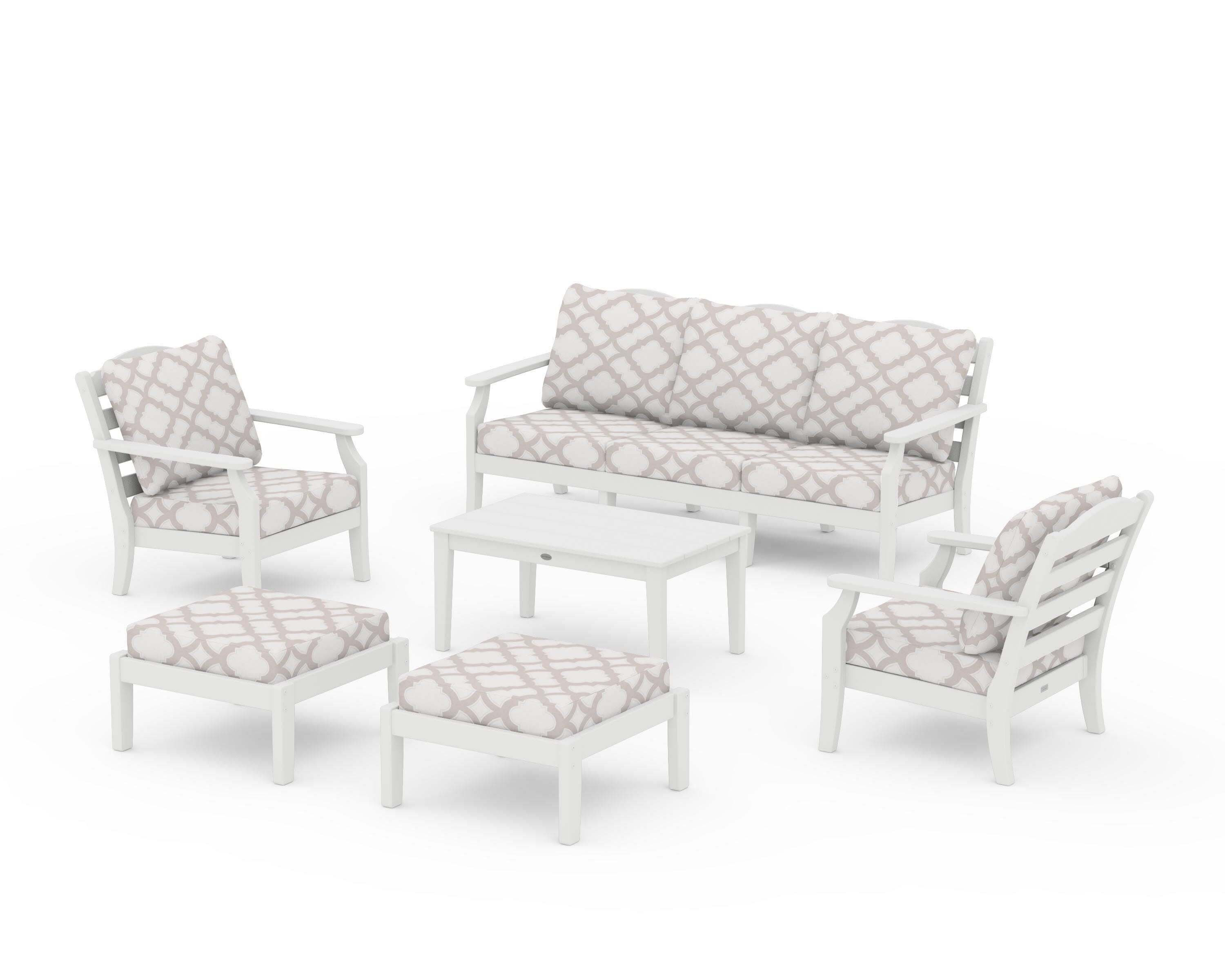 Savannah 6-Piece Lounge Sofa Set in Vintage White / Trellis Dune Burlap
