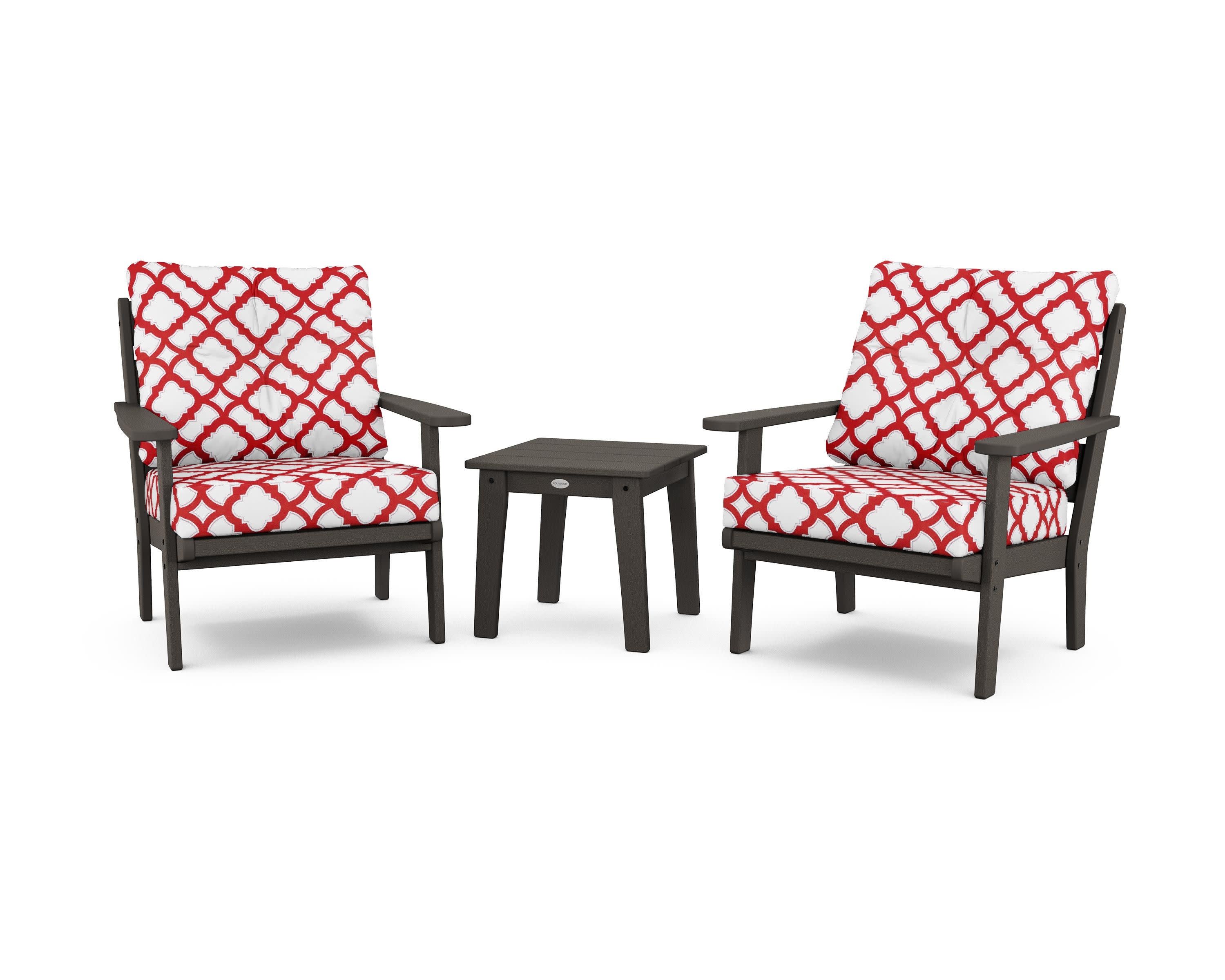 Lakeside 3-Piece Deep Seating Chair Set in Vintage Coffee / Trellis Crimson