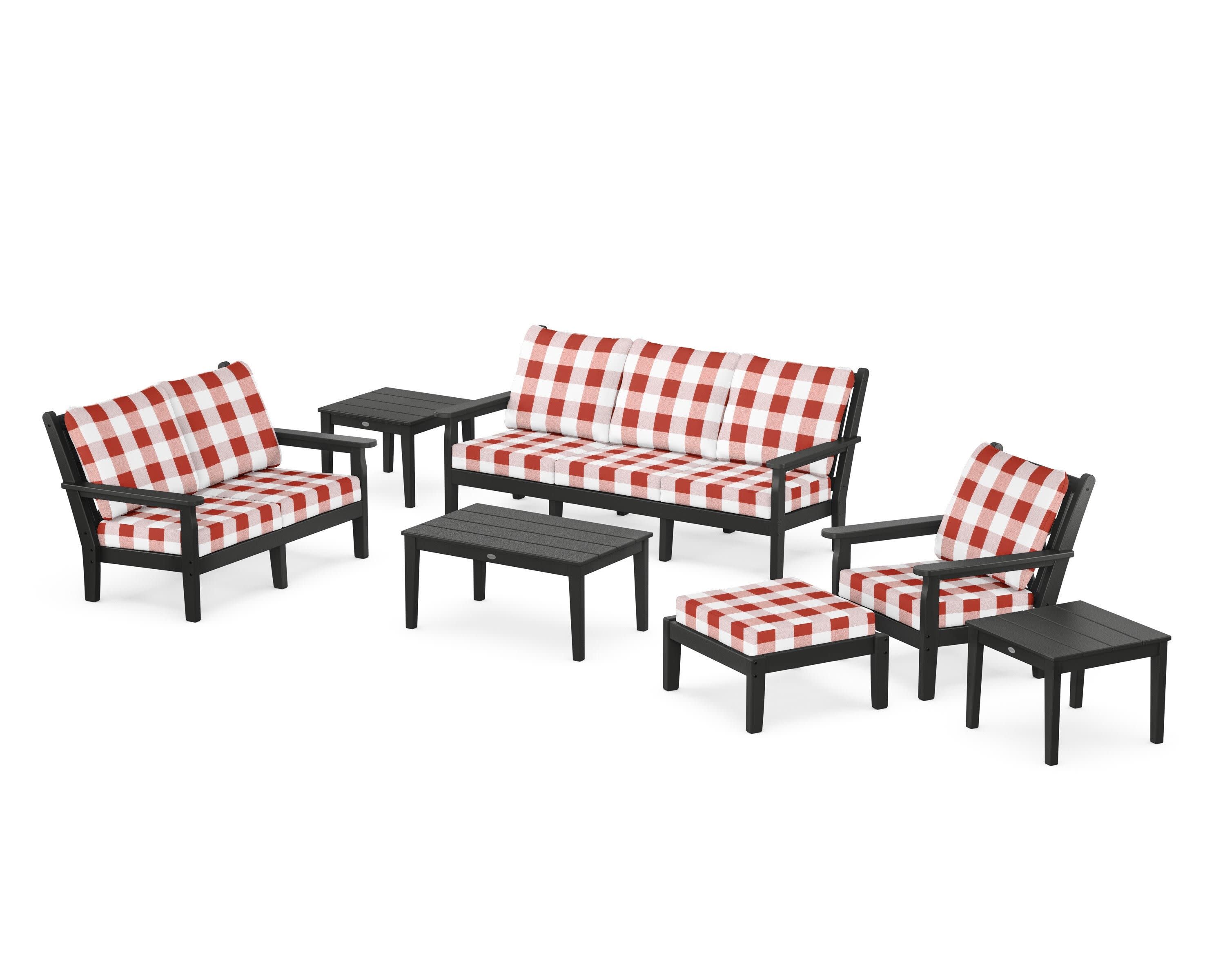 Chippendale 7-Piece Deep Seating Set in Black / Buffalo Plaid Crimson