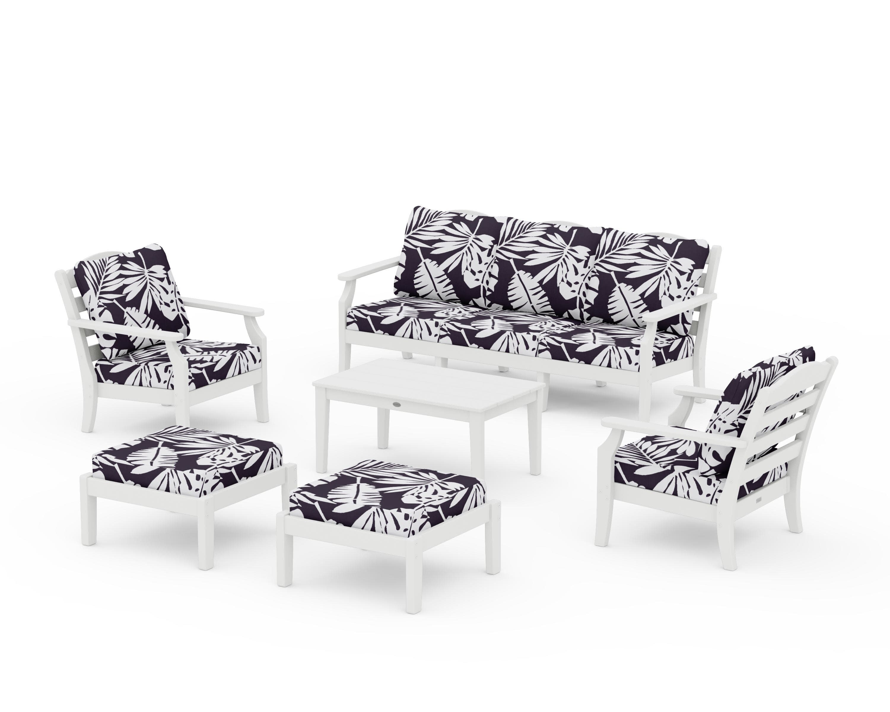 Savannah 6-Piece Lounge Sofa Set in Vintage White / Leaf Navy
