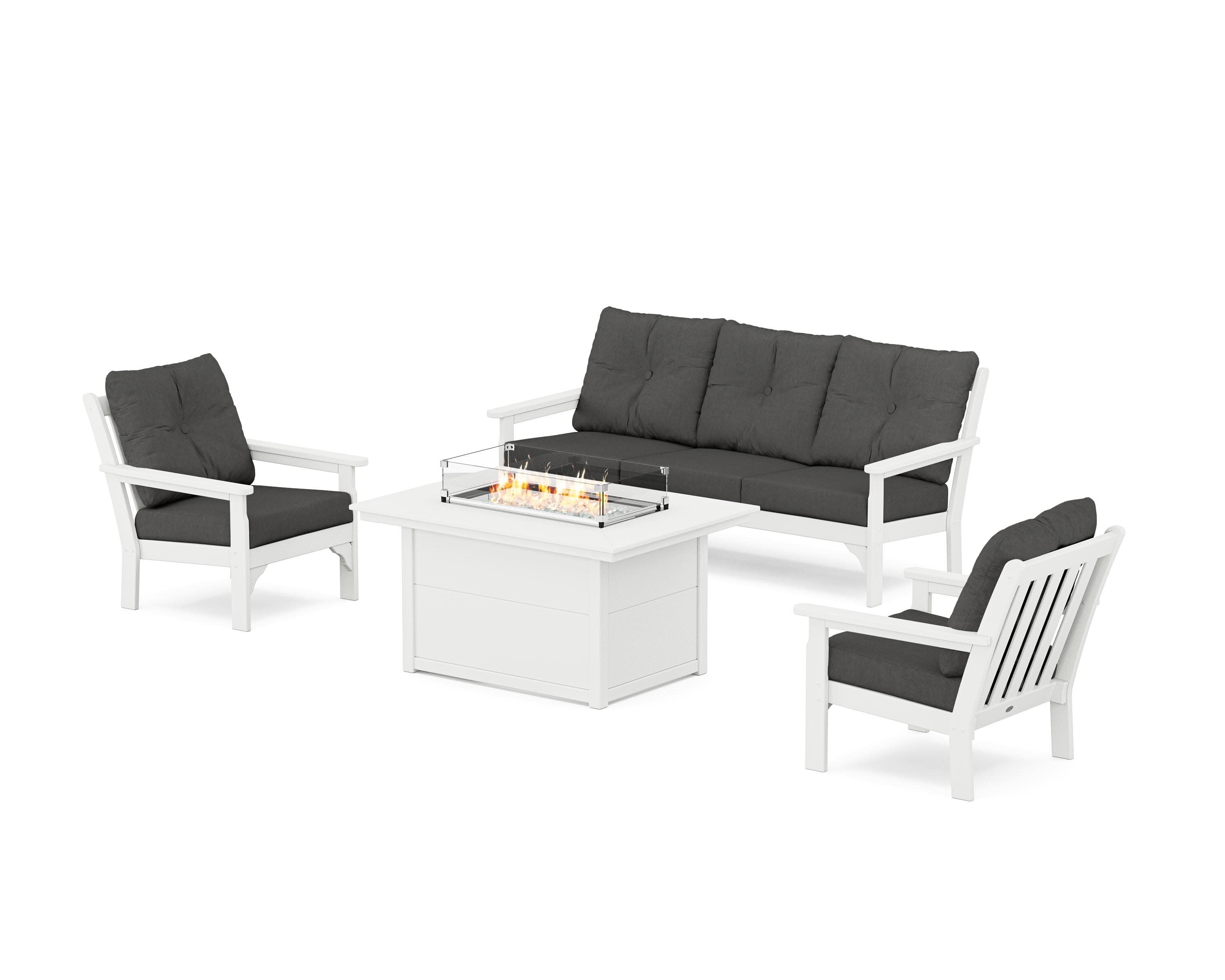 Vineyard Deep Seating Fire Pit Table Set in White / Spectrum Carbon