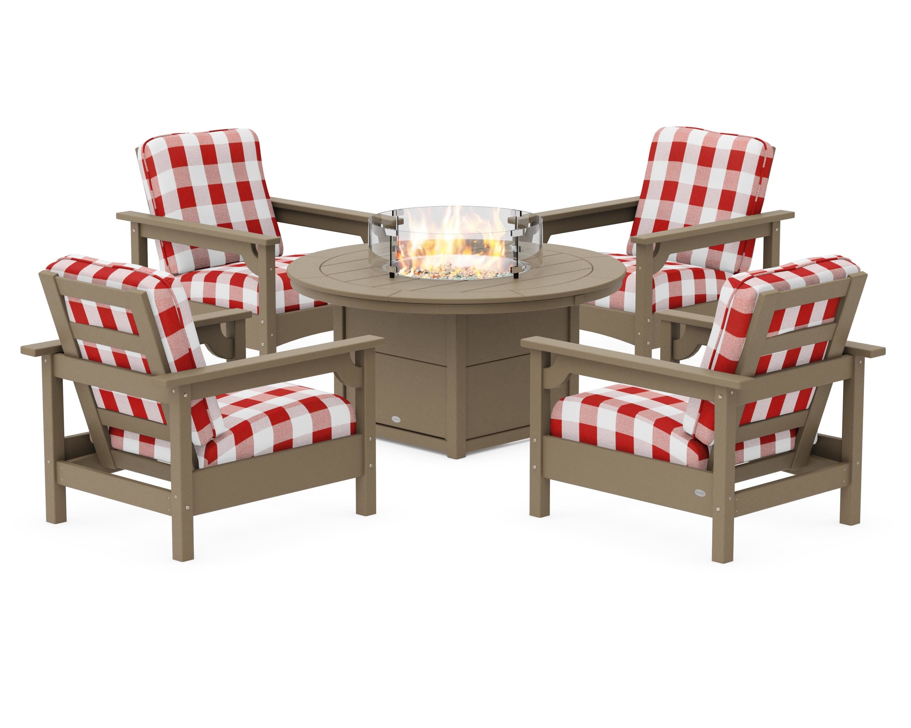 Club 5-Piece Conversation Set with Fire Pit Table in Vintage Sahara / Buffalo Plaid Crimson