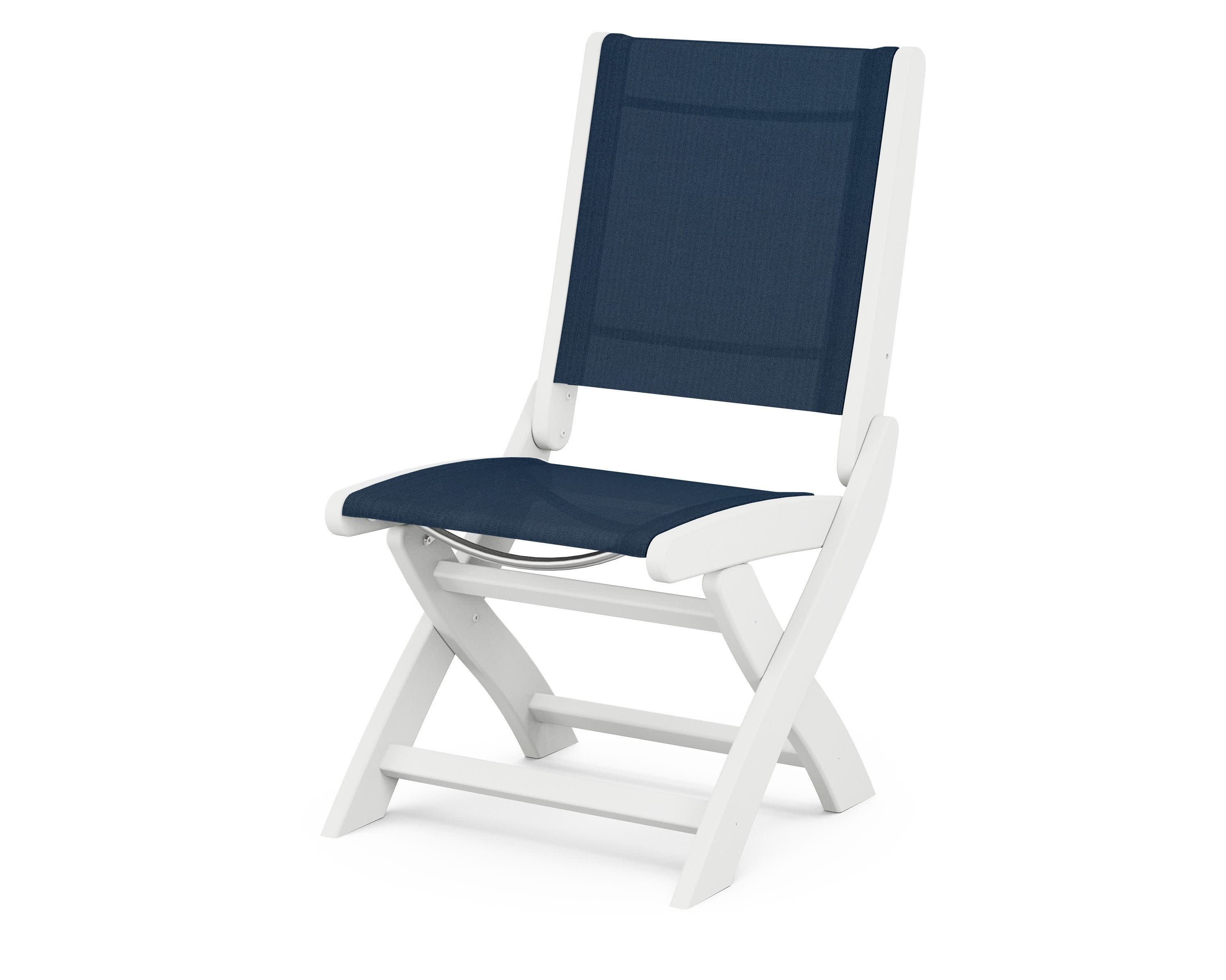 Coastal Folding Side Chair in White / Navy Blue Sling