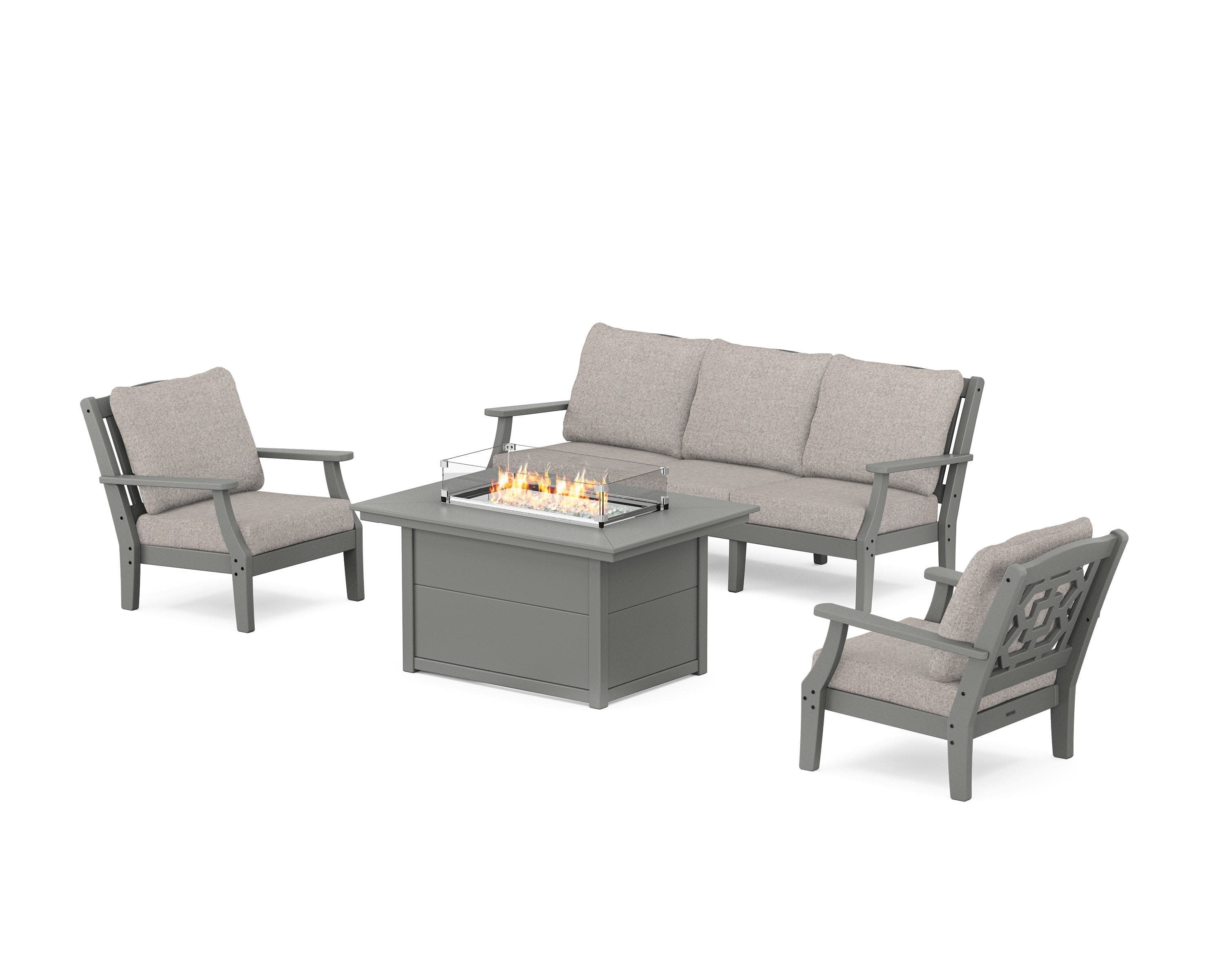 Chinoiserie Deep Seating Fire Pit Table Set in Slate Grey / Weathered Tweed