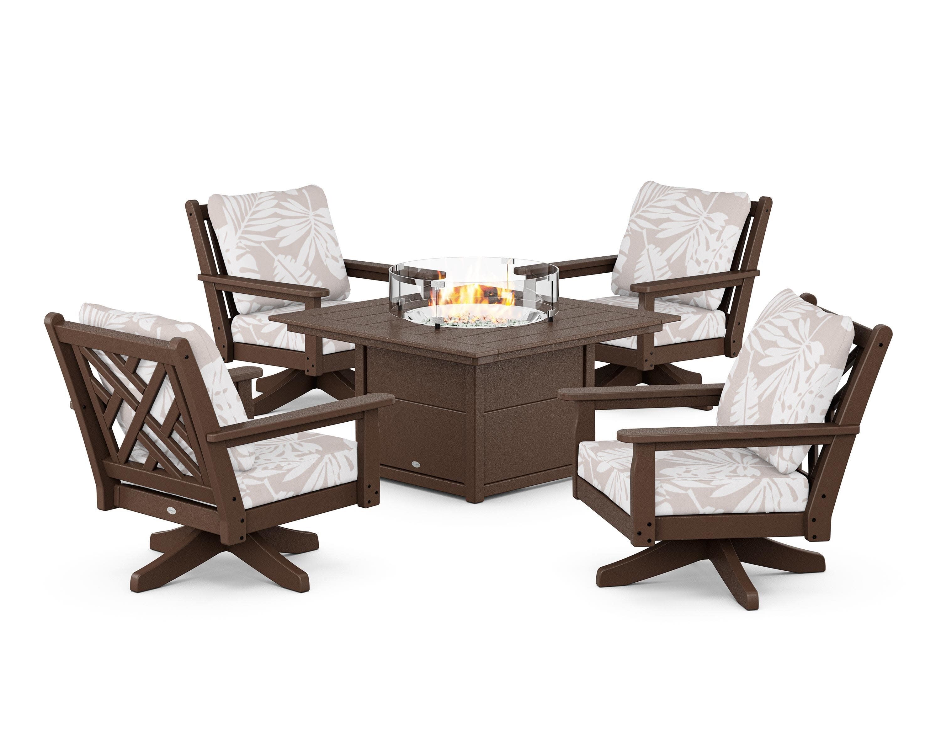 Chippendale 5-Piece Deep Seating Swivel Conversation Set with Fire Pit Table in Mahogany / Leaf Dune Burlap