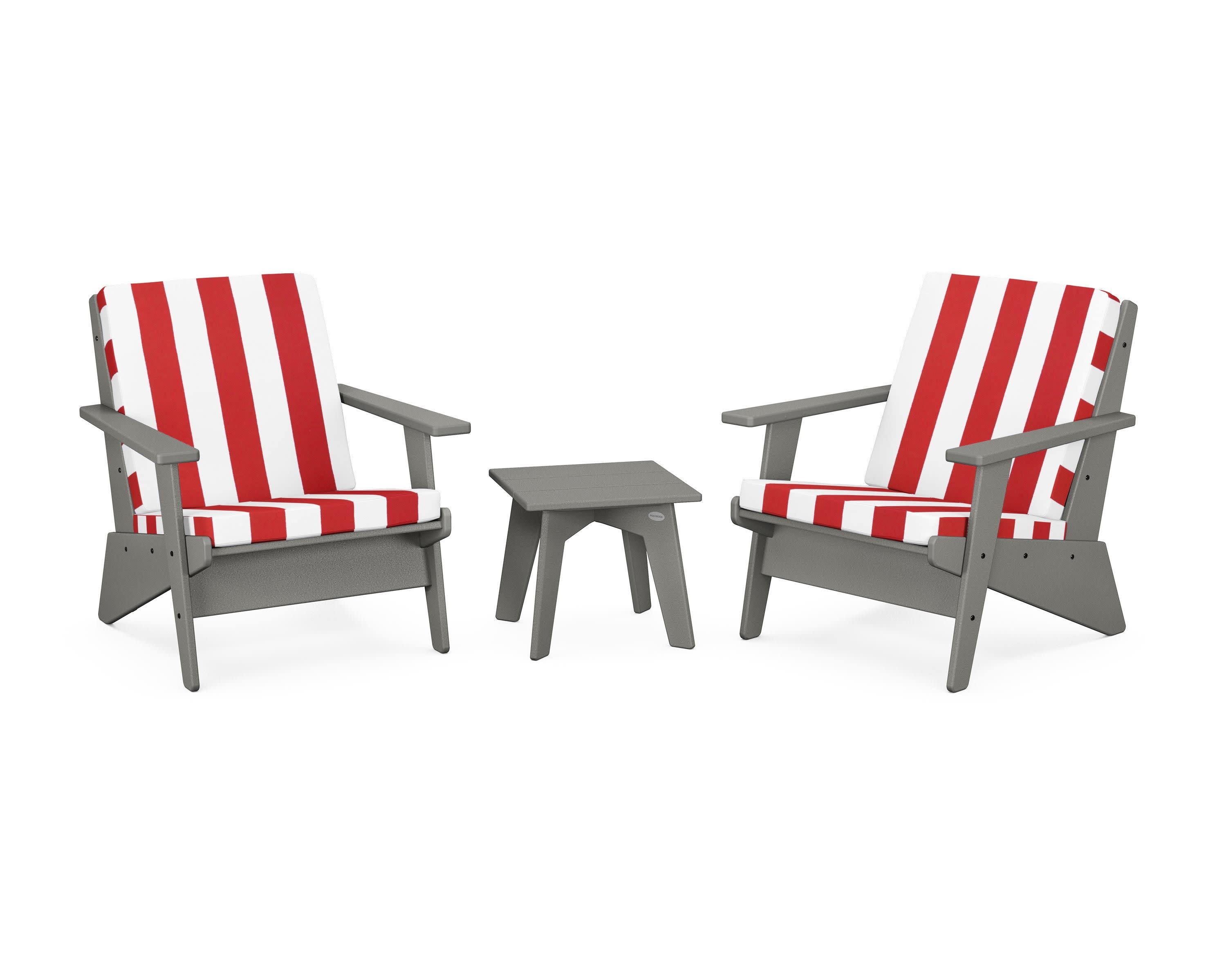 Riviera Modern Lounge 3-Piece Set in Slate Grey / Cabana Stripe Crimson