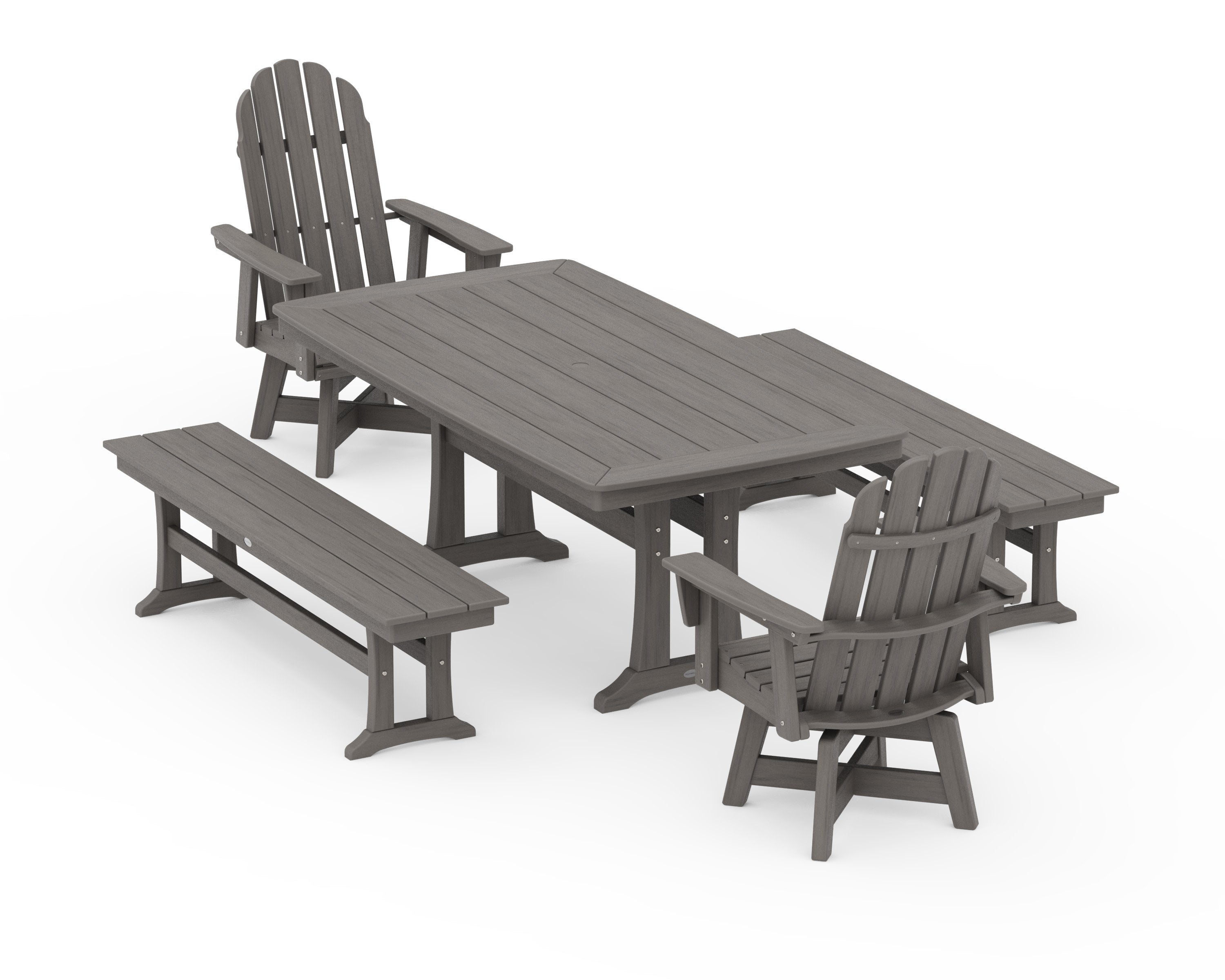 Vineyard Adirondack Swivel Chair 5-Piece Dining Set with Trestle Legs and Benches in Driftwood