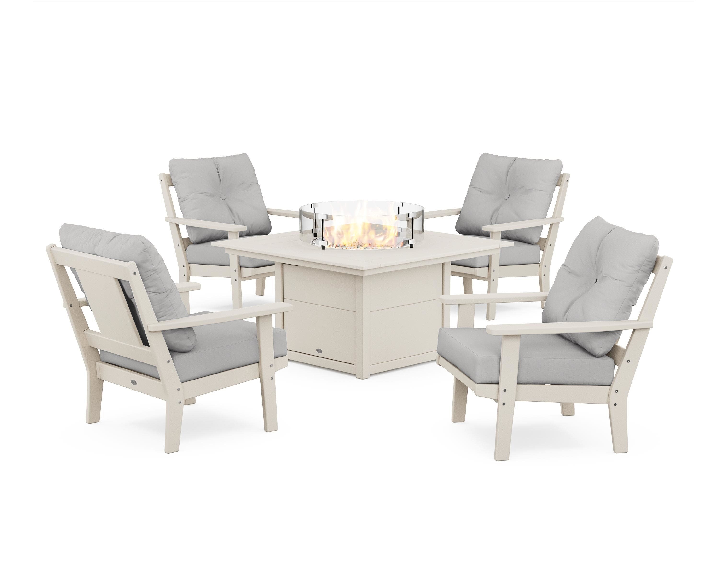 Prairie 5-Piece Deep Seating Set with Fire Pit Table in Sand / Diamond in the Rough