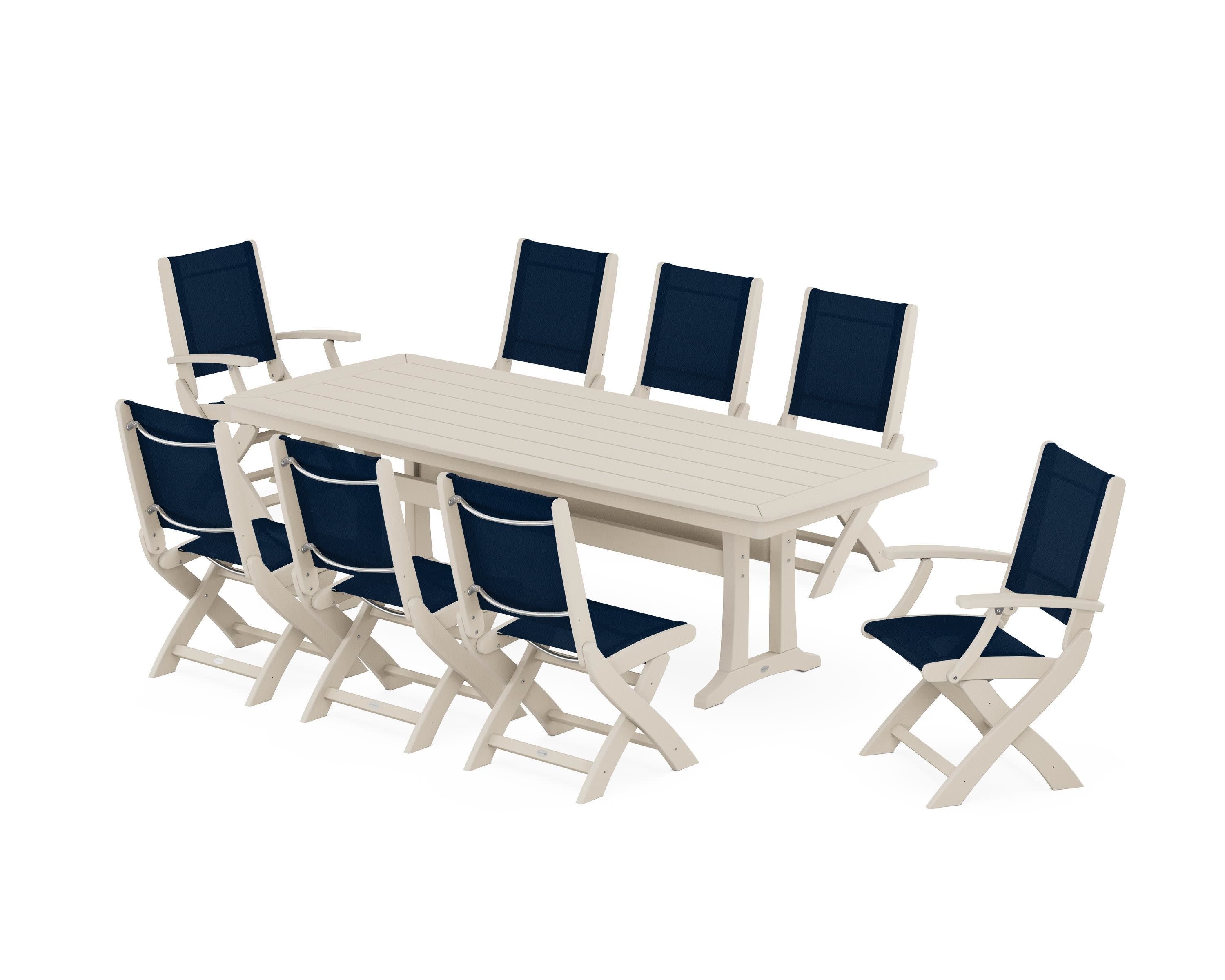 Coastal Folding 9-Piece Dining Set with Trestle Legs in Sand / Navy Blue Sling