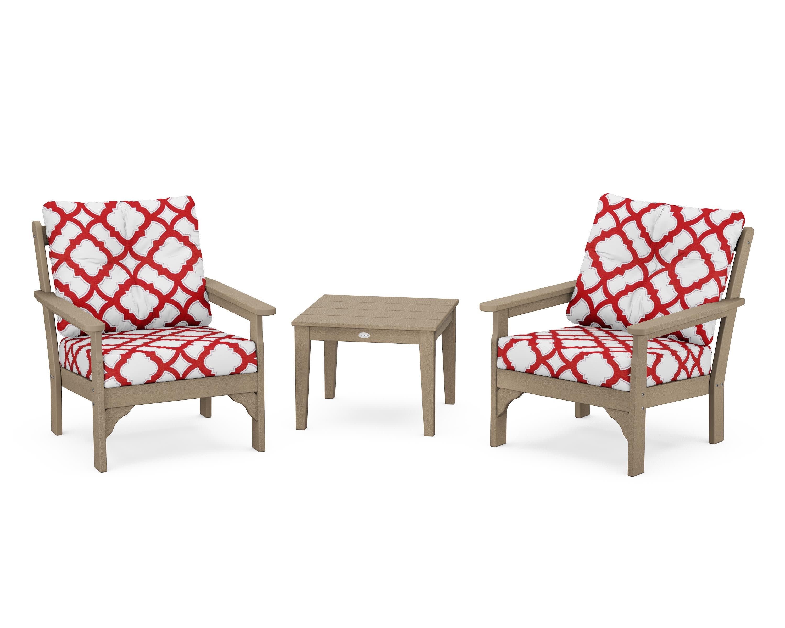 Vineyard 3-Piece Deep Seating Set in Vintage Sahara / Trellis Crimson