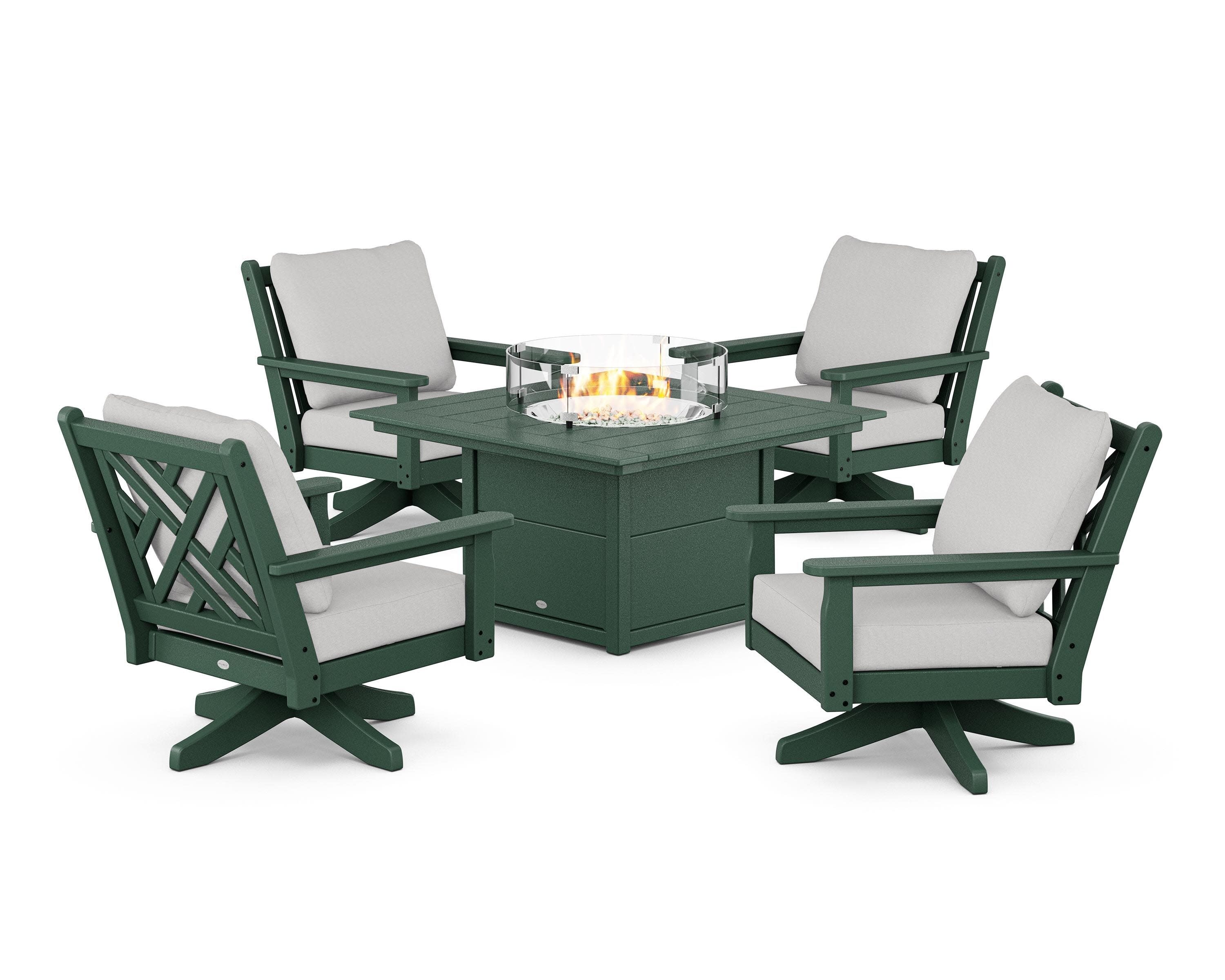 Chippendale 5-Piece Deep Seating Swivel Conversation Set with Fire Pit Table in Green / Diamond in the Rough