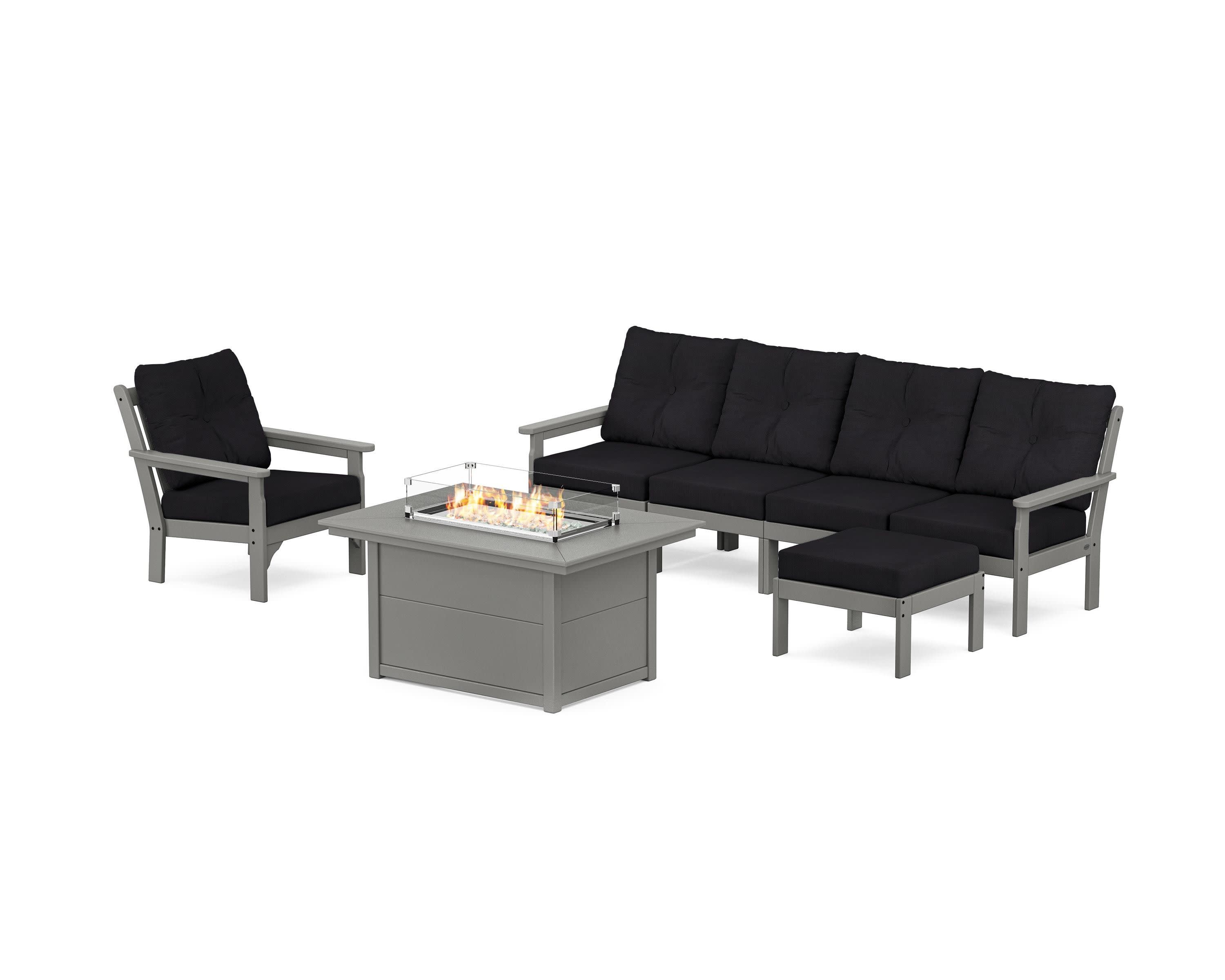 Vineyard Sectional Lounge and Fire Pit Set in Slate Grey / Midnight Linen