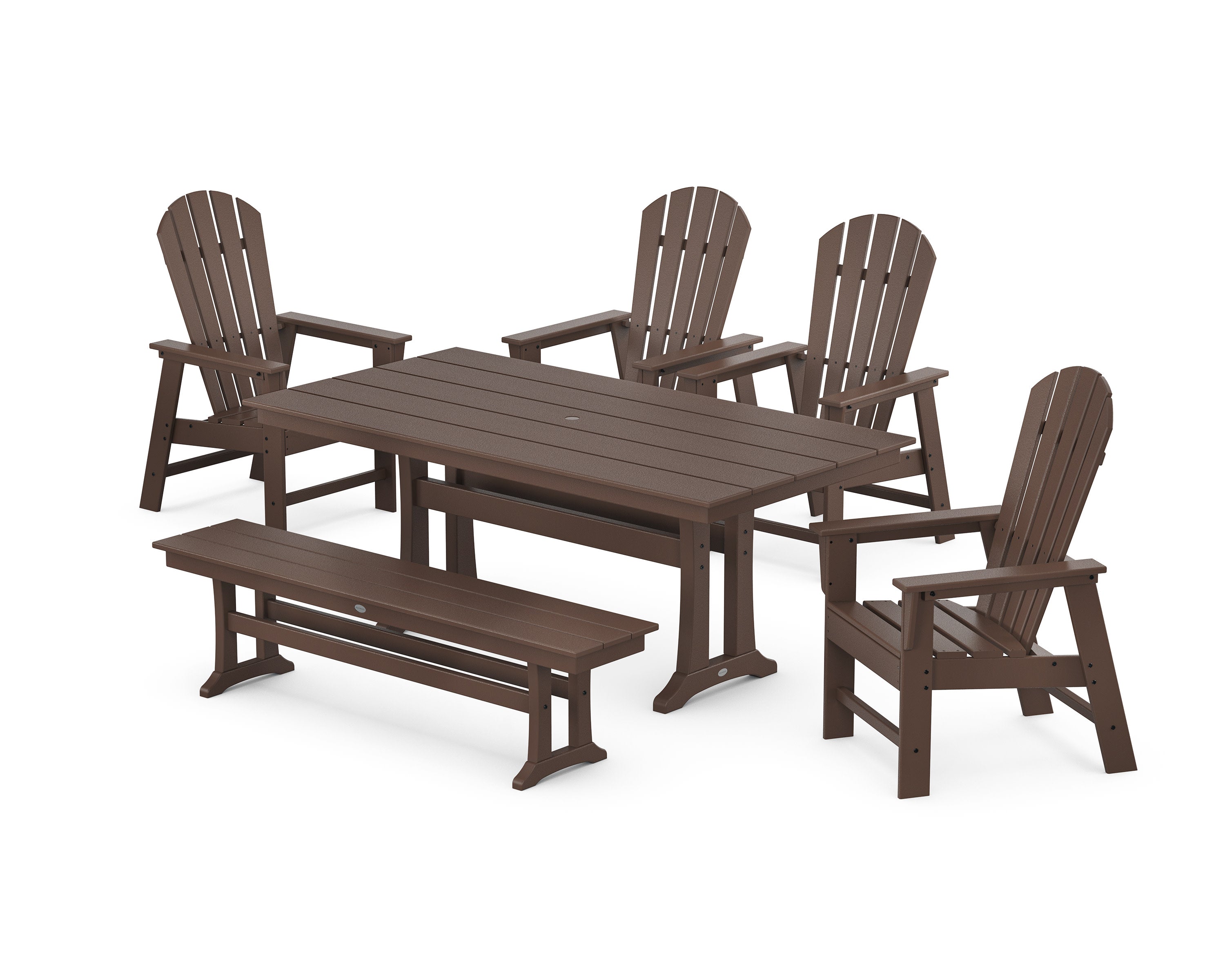 South Beach 6-Piece Farmhouse Dining Set with Trestle Legs and Bench in Mahogany