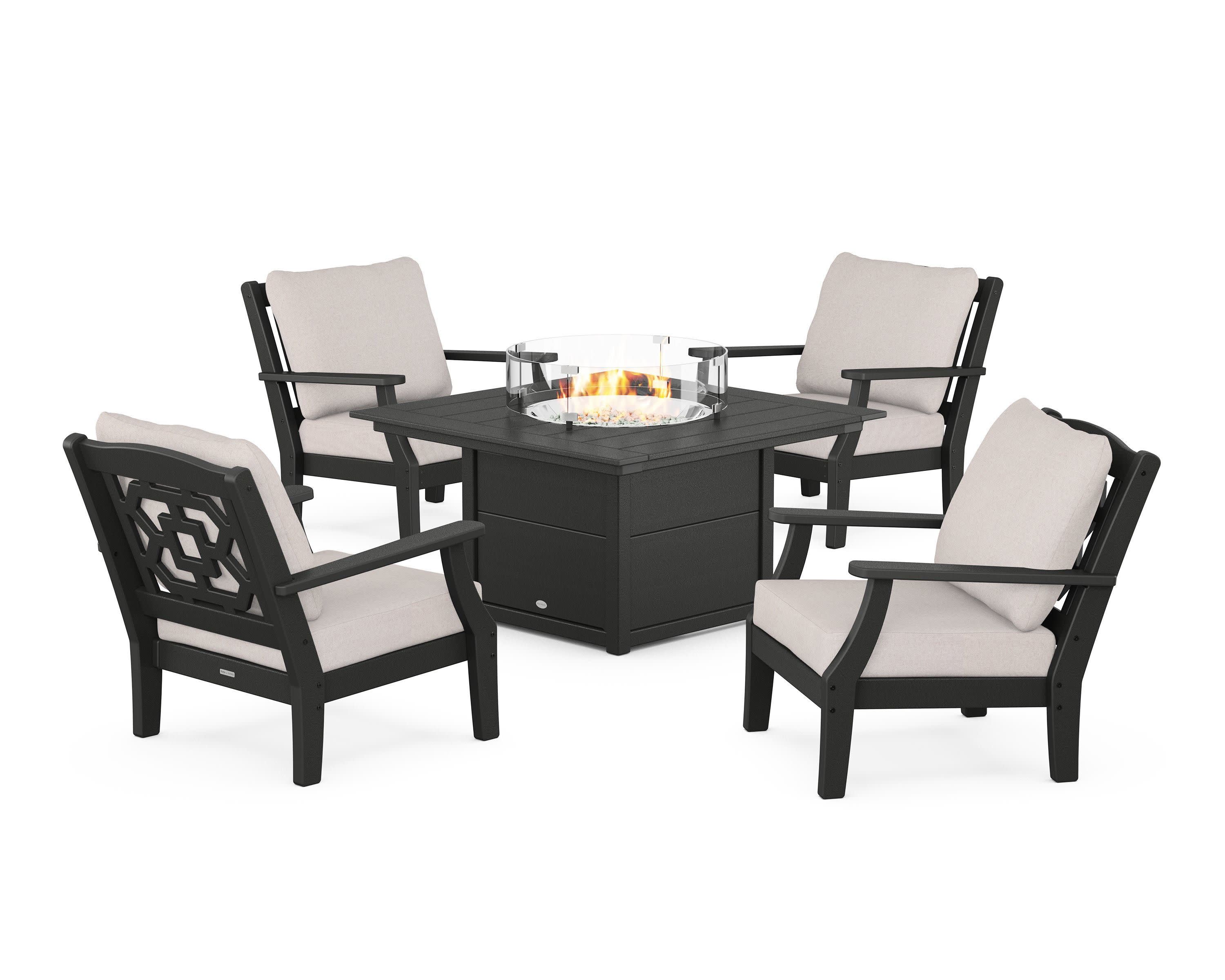 Chinoiserie 5-Piece Deep Seating Set with Fire Pit Table in Black / Dune Burlap