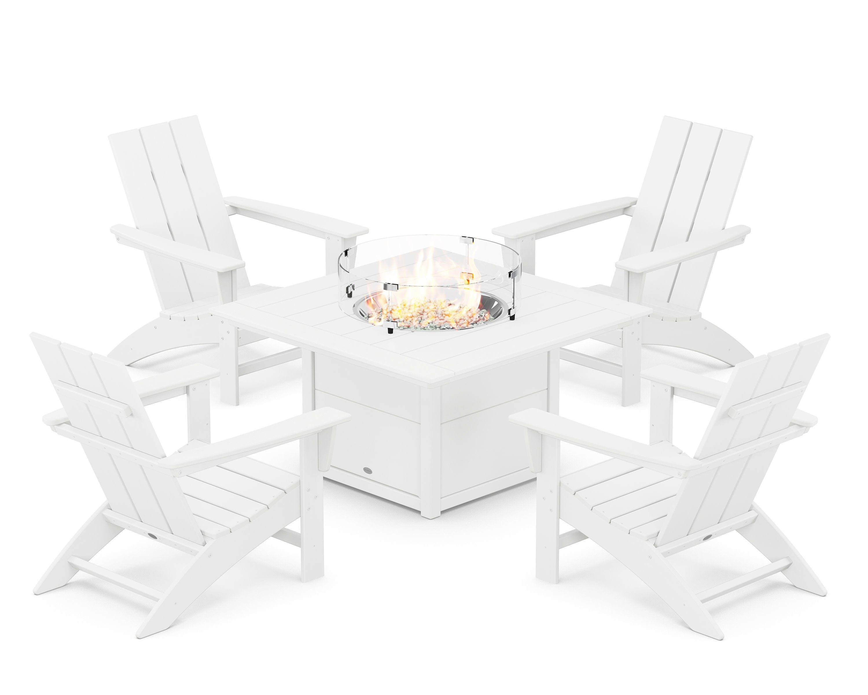 Modern 5-Piece Adirondack Chair Conversation Set with Fire Pit Table in White