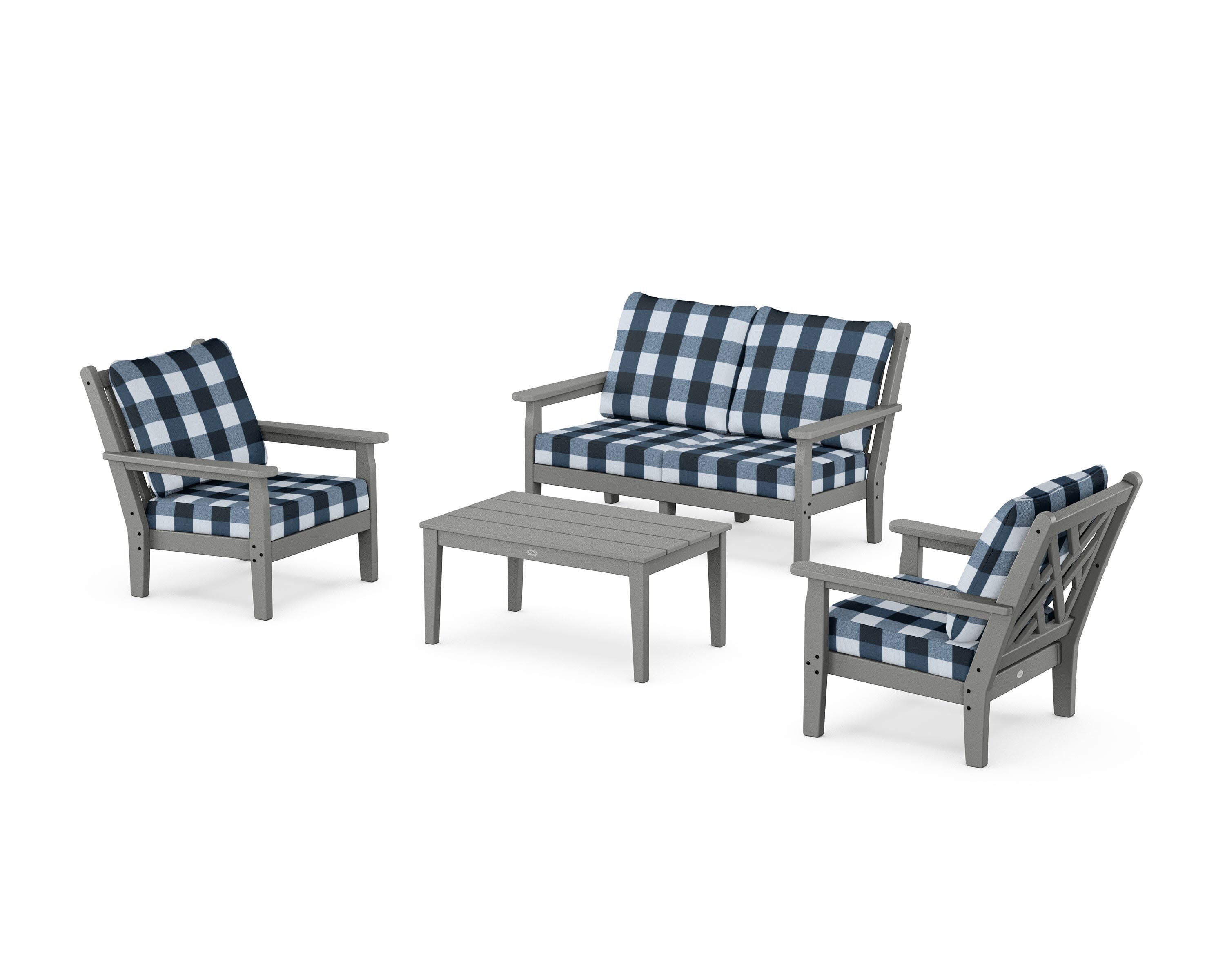 Chippendale 4-Piece Deep Seating Set with Loveseat in Slate Grey / Buffalo Plaid Marine Indigo