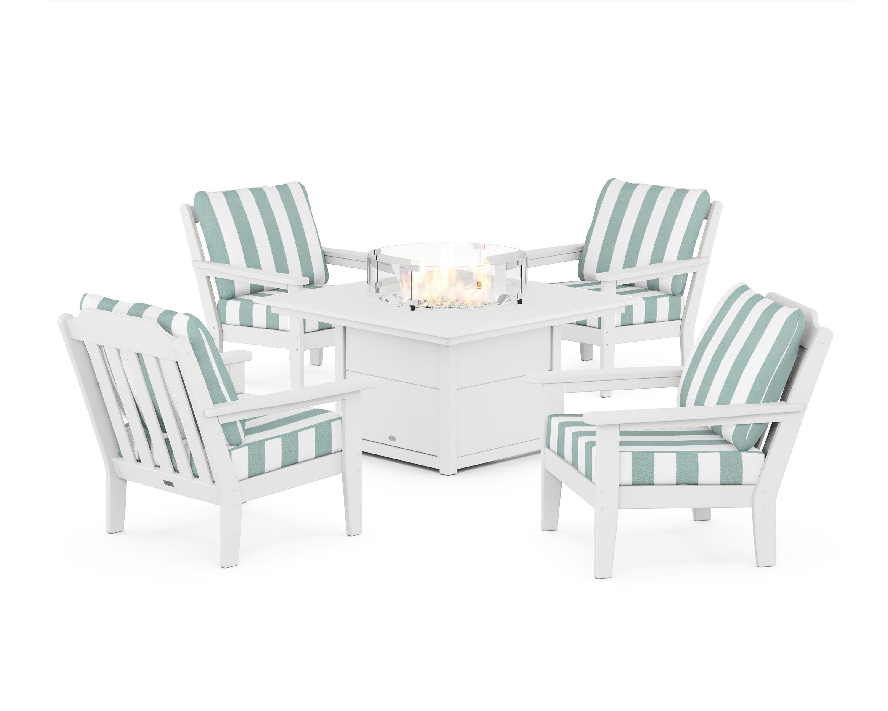 Cottage 5-Piece Deep Seating Set with Fire Pit Table in White / Cabana Stripe Glacier Spa