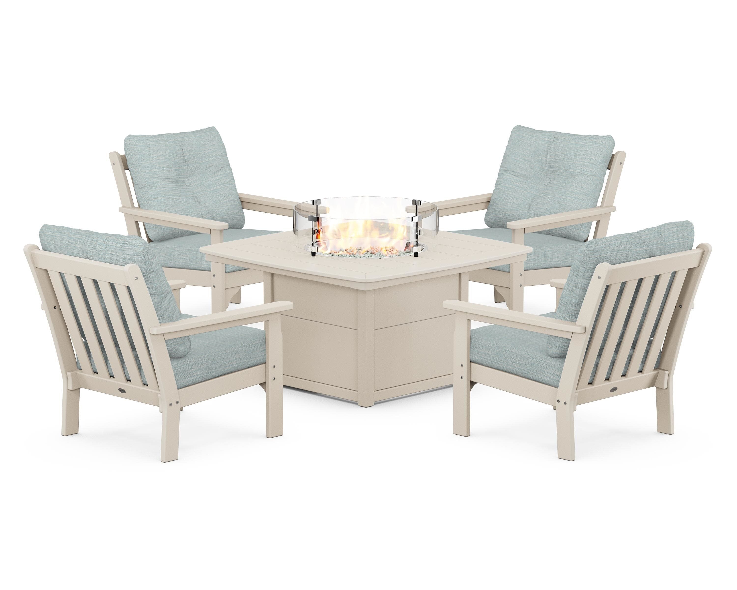 Vineyard 5-Piece Conversation Set with Fire Pit Table in Sand / Soothe Mist