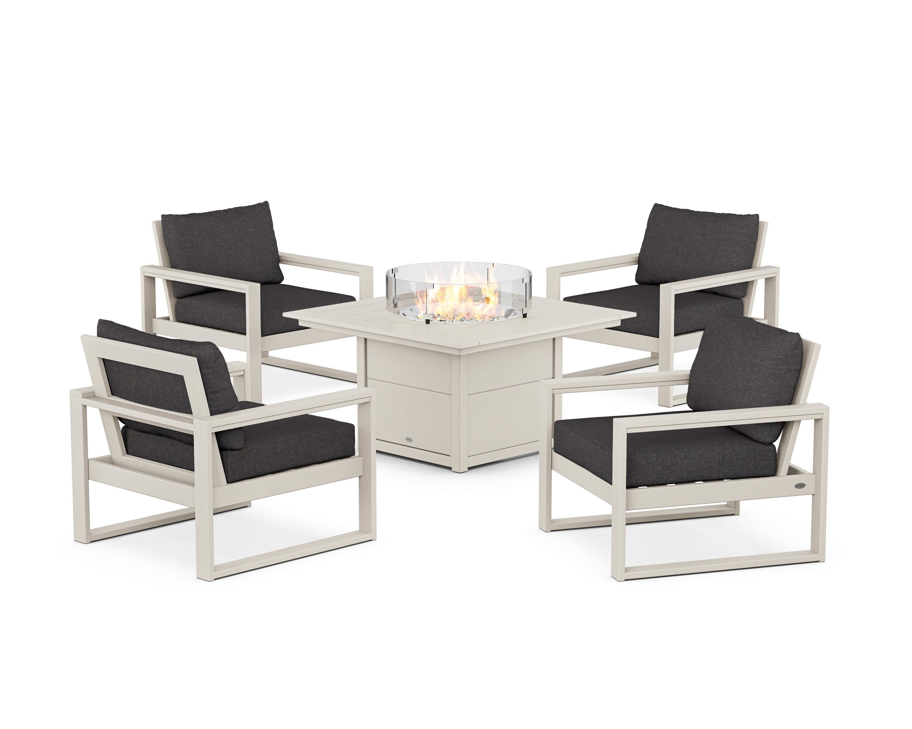 EDGE Sectional 5-Piece Deep Seating Set with Fire Pit Table in Sand / Ash Charcoal