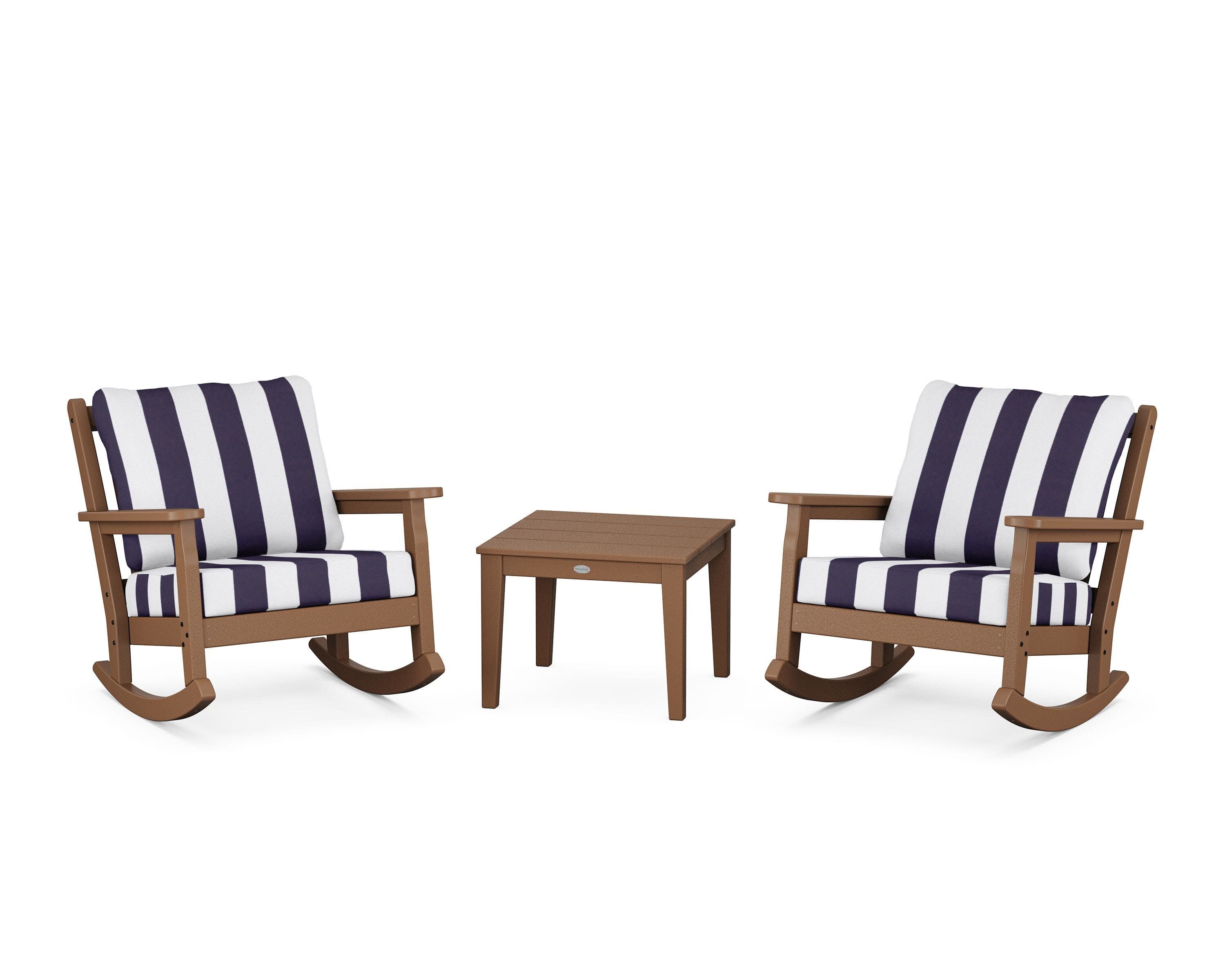 Chippendale 3-Piece Deep Seating Rocker Set in Teak / Cabana Stripe Navy