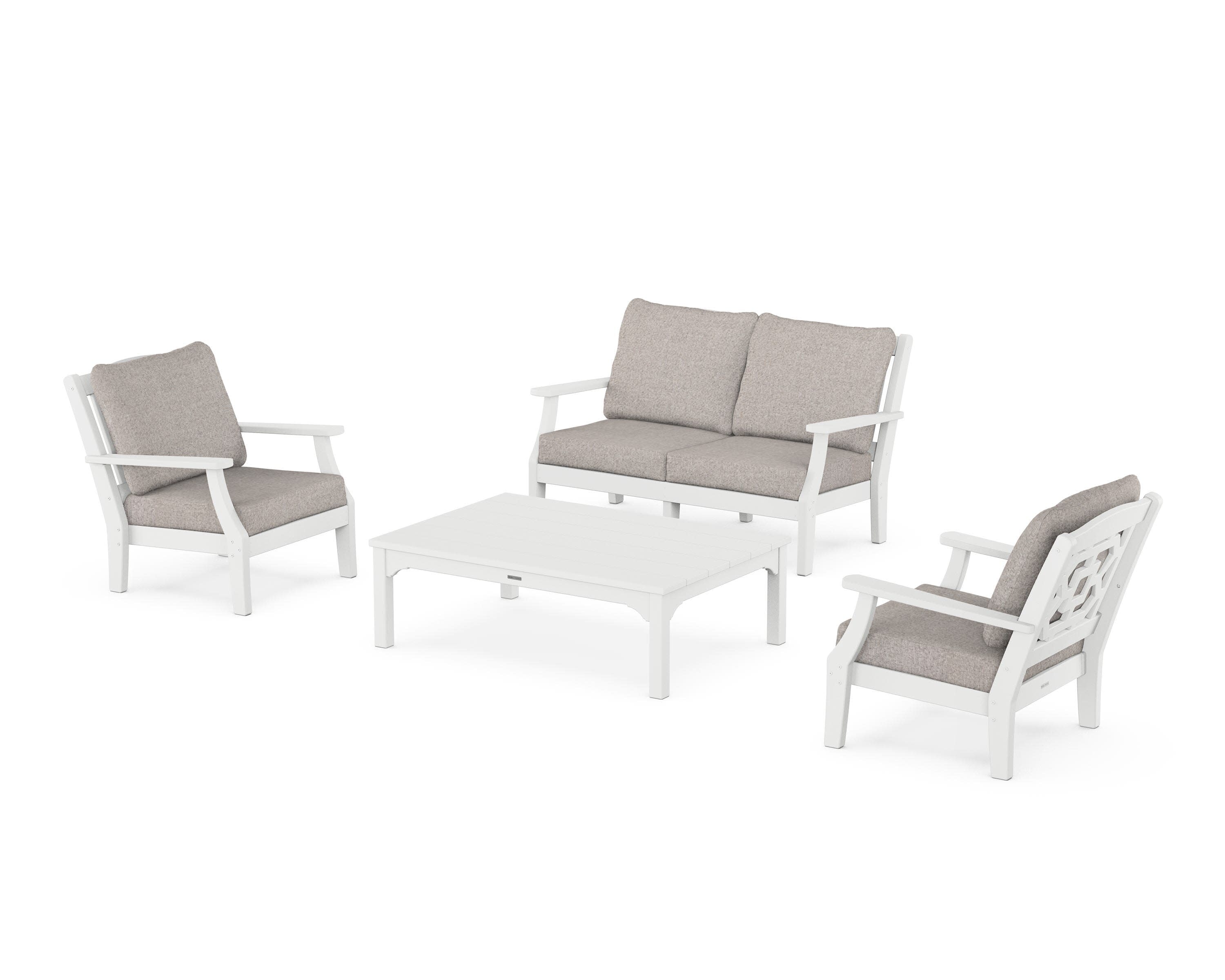 Chinoiserie 4-Piece Deep Seating Set with Loveseat in White / Weathered Tweed