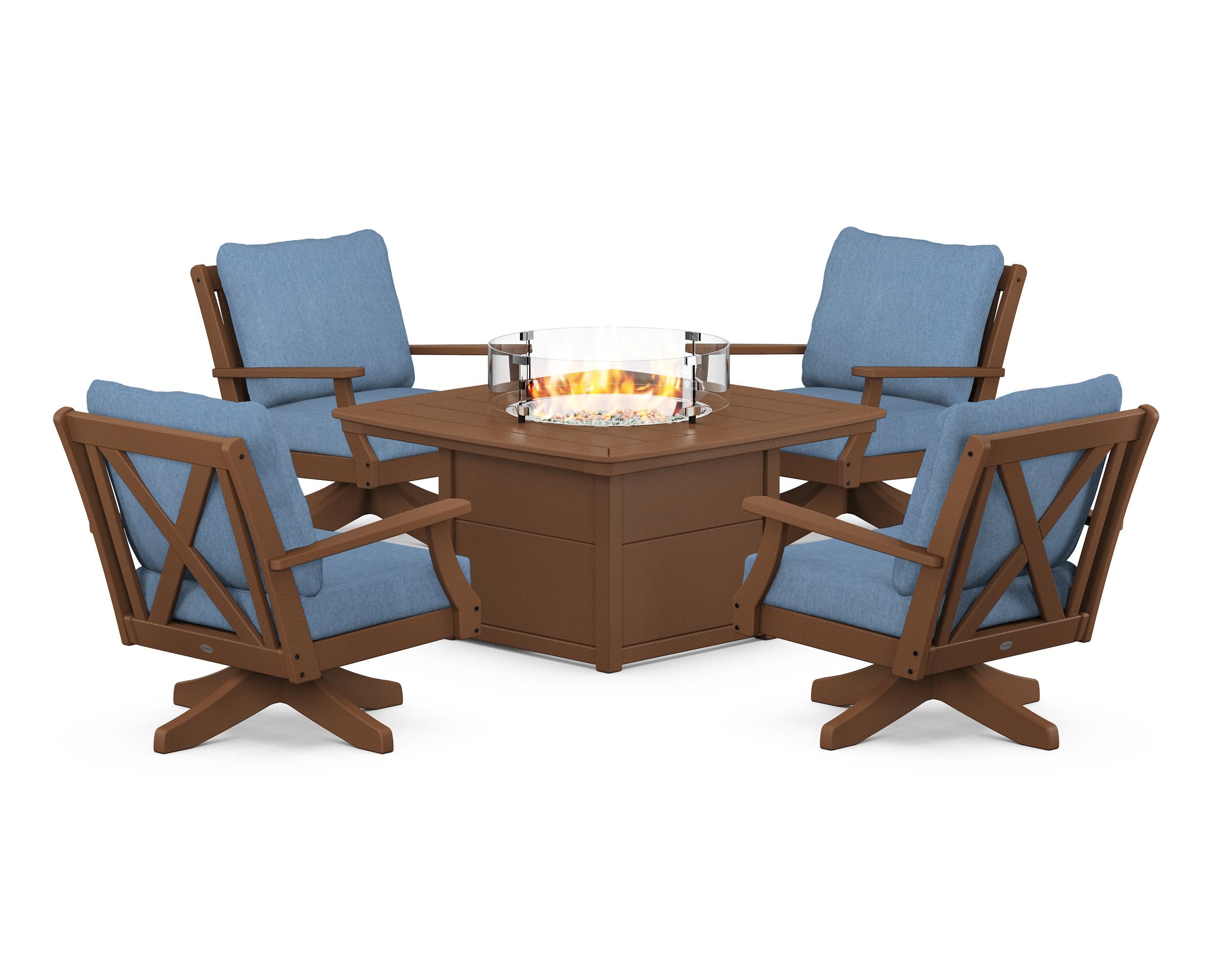 Braxton 5-Piece Deep Seating Swivel Conversation Set with Fire Pit Table in Teak / Sky Blue