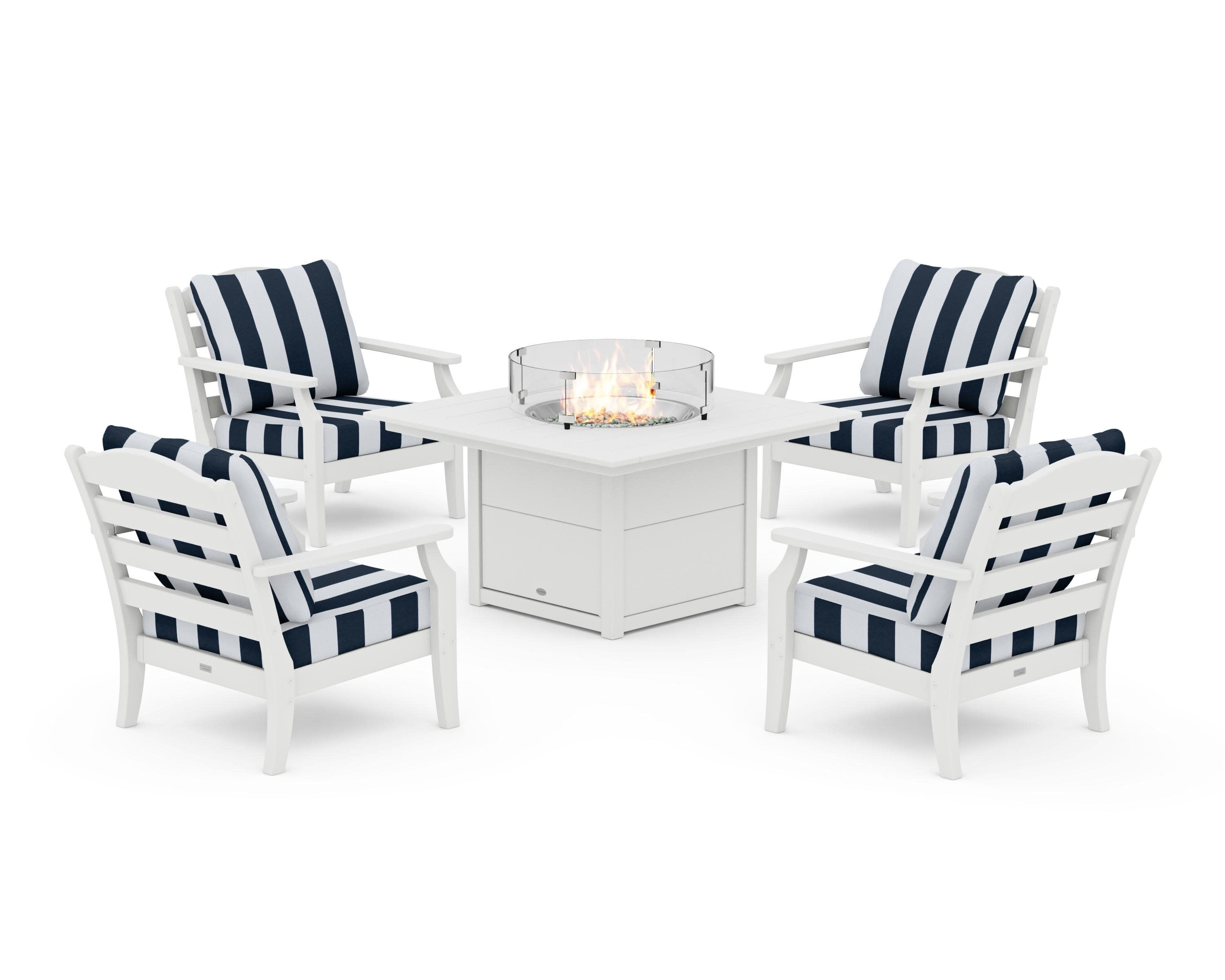 Savannah 5-Piece Deep Seating Set with Fire Pit Table in White / Cabana Stripe Marine Indigo