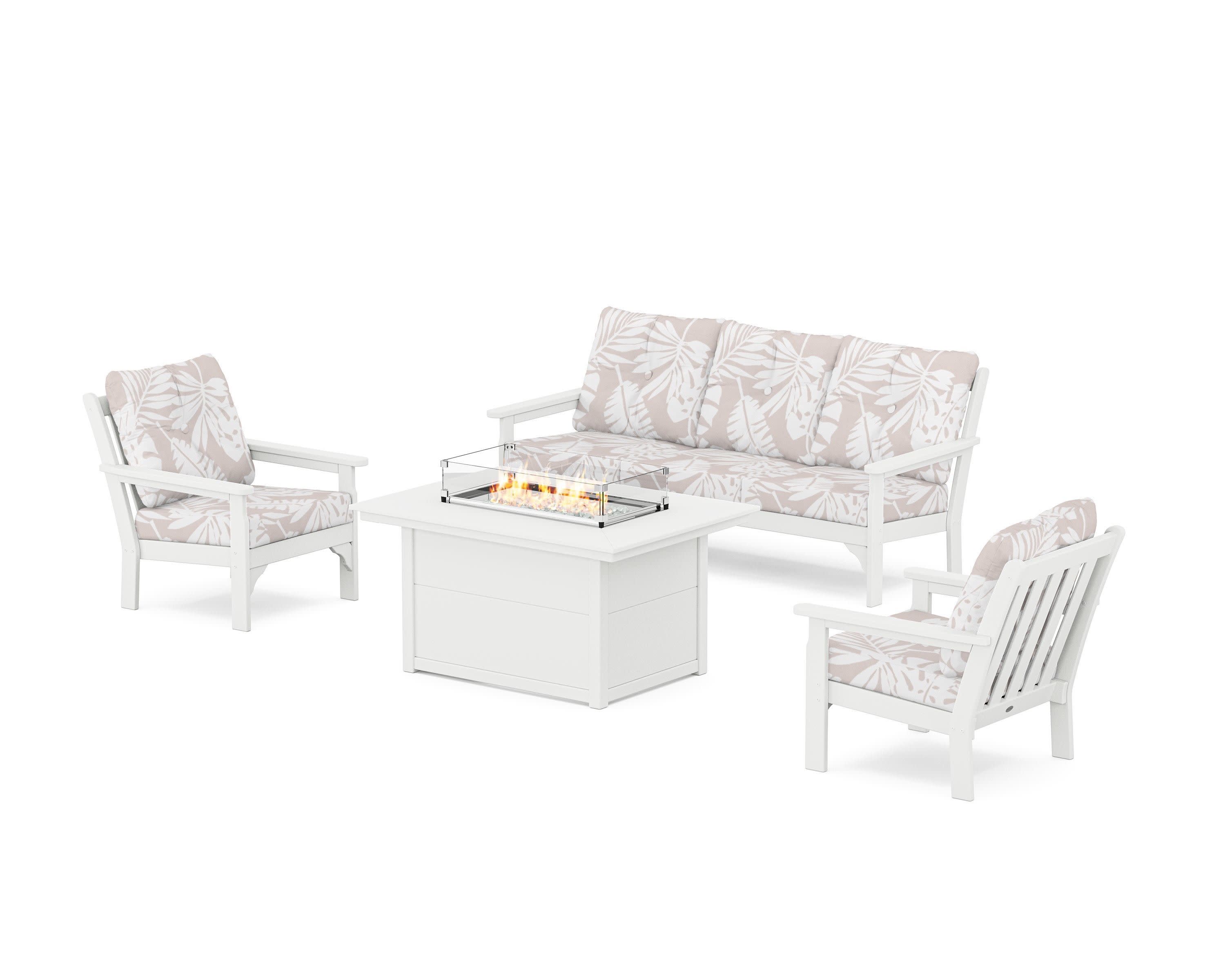 Vineyard Deep Seating Fire Pit Table Set in White / Leaf Dune Burlap
