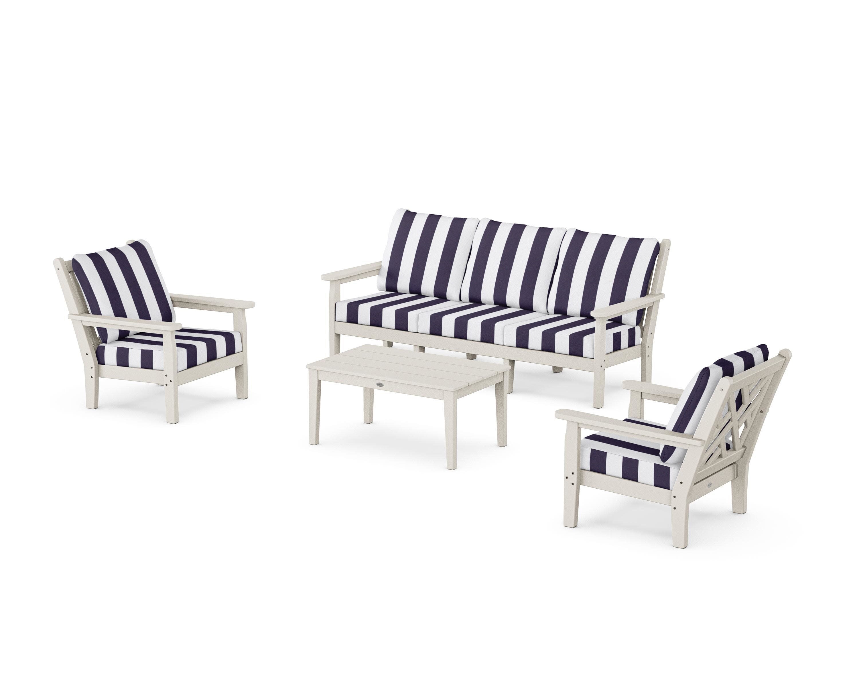Chippendale 4-Piece Deep Seating Set with Sofa in Sand / Cabana Stripe Navy