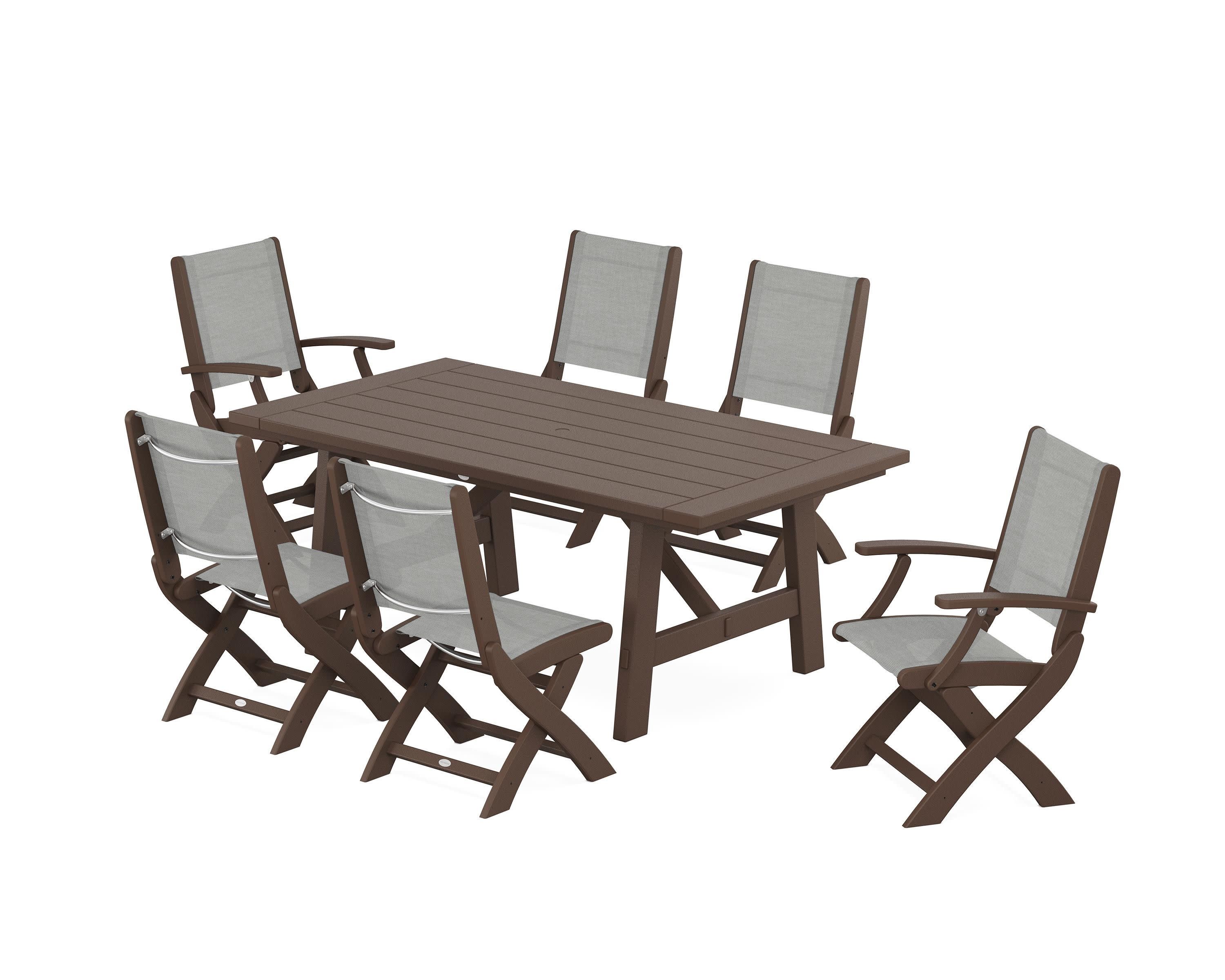 Coastal Folding Chair 7-Piece Rustic Farmhouse Dining Set in Mahogany / Metallic Sling