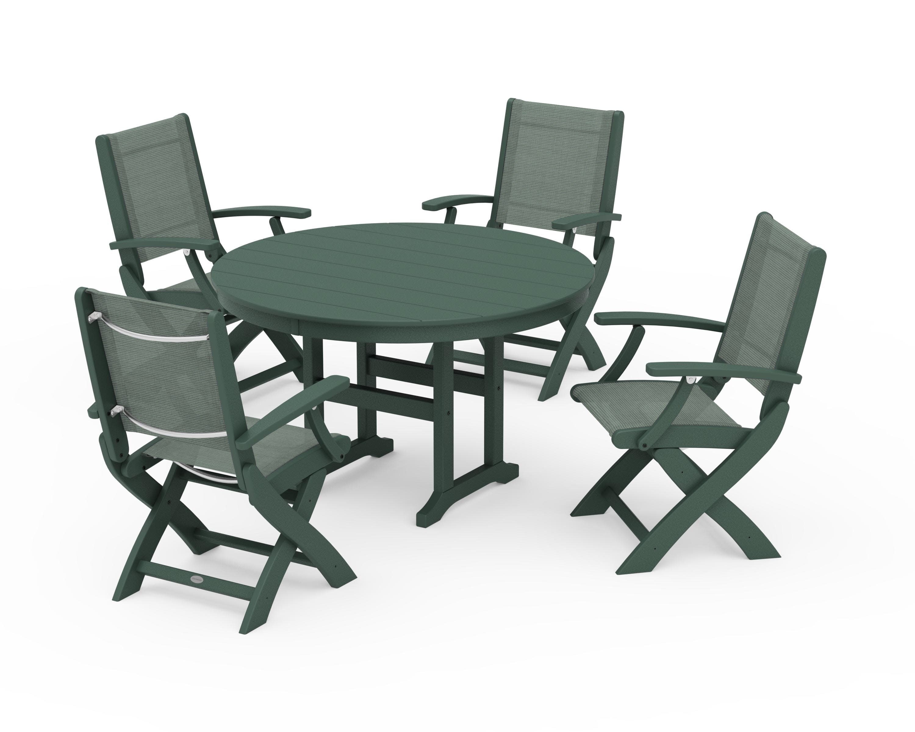 Coastal Folding Chair 5-Piece Round Dining Set in Green / Dupioni Sea Mist Sling